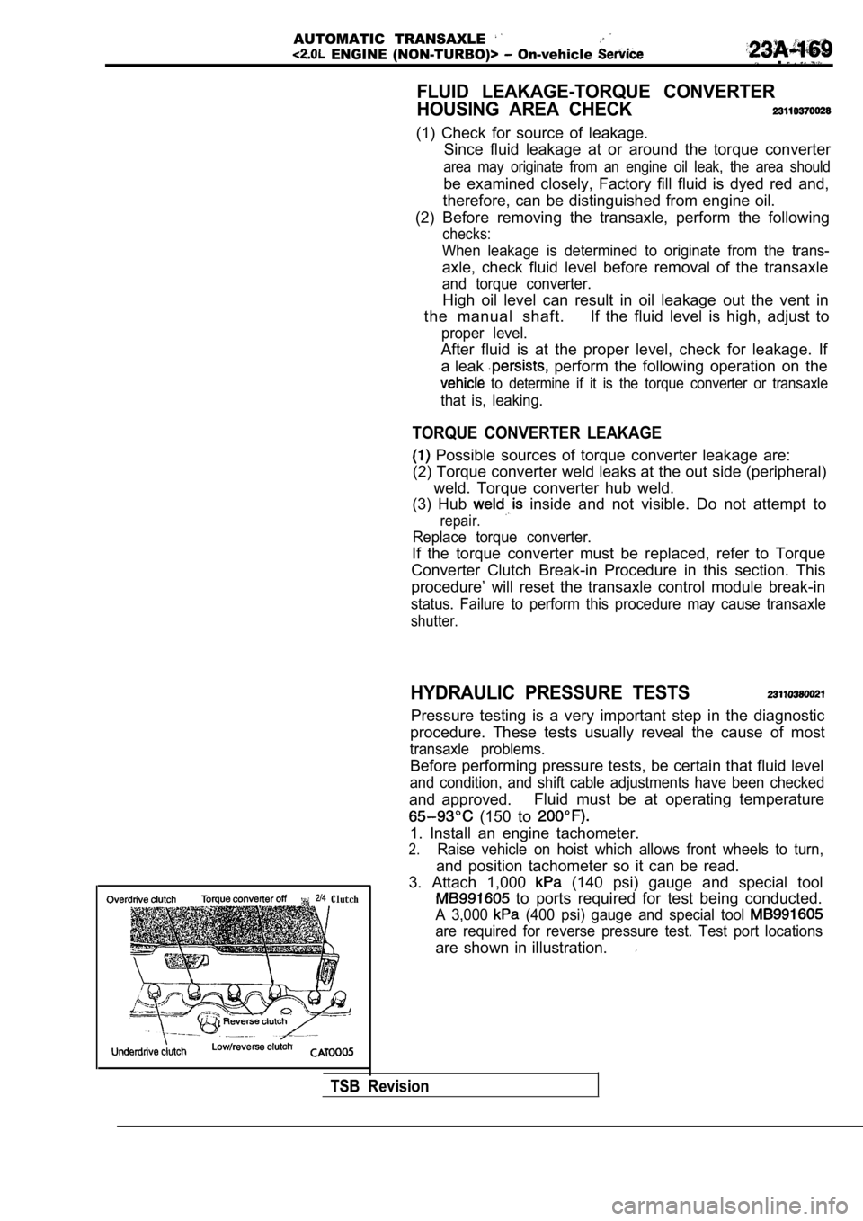 MITSUBISHI SPYDER 1990  Service Repair Manual AUTOMATIC  TRANSAXLE 
  ENGINE  (NON-TURBO)>   On-vehicle .
FLUID  LEAKAGE-TORQUE  CONVERTER 
HOUSING  AREA  CHECK
(1)  Check  for  source  of  leakage.Since  fluid  leakage  at  or  around  the  torq