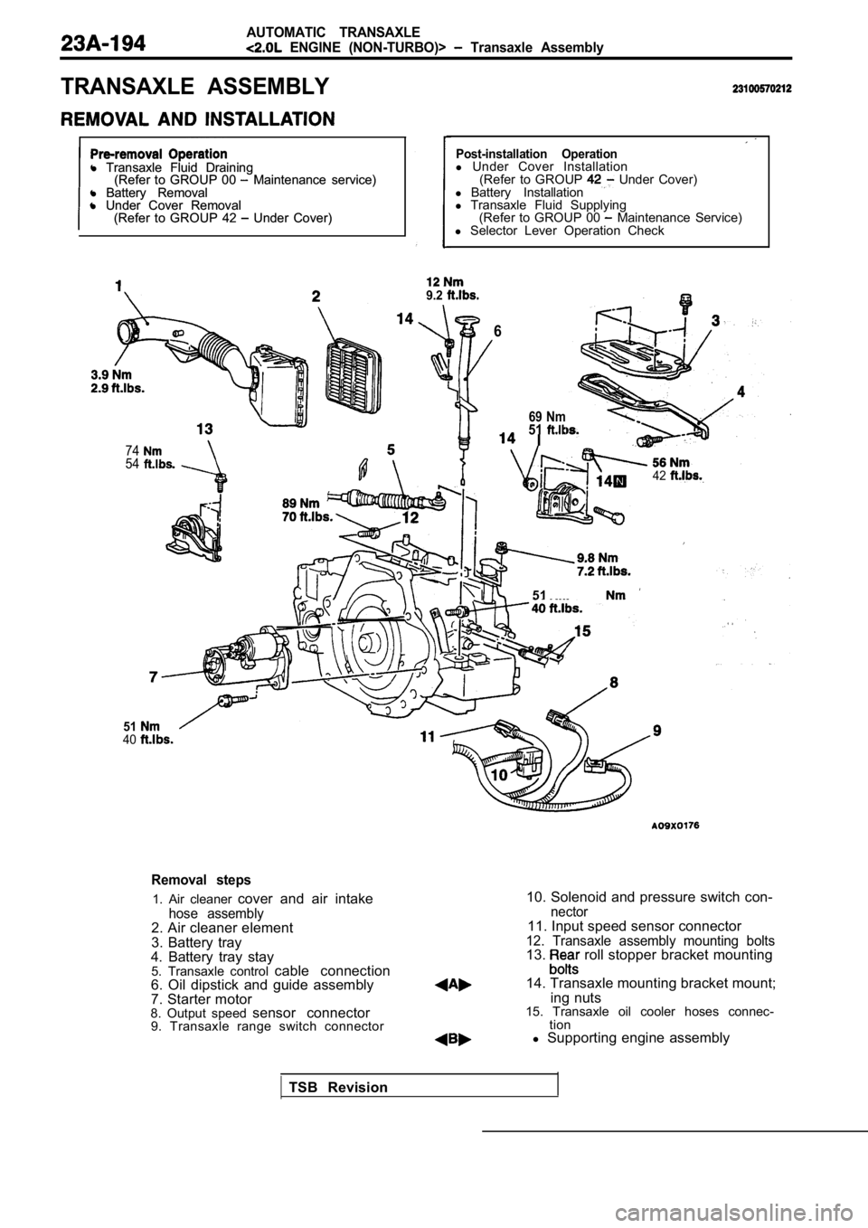MITSUBISHI SPYDER 1990  Service Repair Manual AUTOMATIC  TRANSAXLE
  ENGINE  (NON-TURBO)>   Transaxle  Assembly
TRANSAXLE  ASSEMBLY
l Transaxle  Fluid  Draining
l  Transaxle  Fluid  Draining
(Refer  to  GROUP  00   Maintenance  service)
(Refer  t
