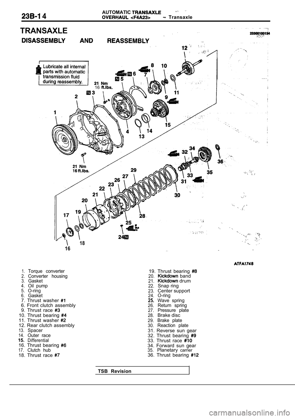 MITSUBISHI SPYDER 1990  Service Repair Manual  4AUTOMATIC  Transaxle
TRANSAXLE
16
18
16
1.Torque  converter
2.Converter  housing3.Gasket4.Oil  pump5.O-ring6.Gasket7.  Thrust  washer 6.  Front  clutch  assembly 9.  Thrust  race 
10.  Thrust  beari