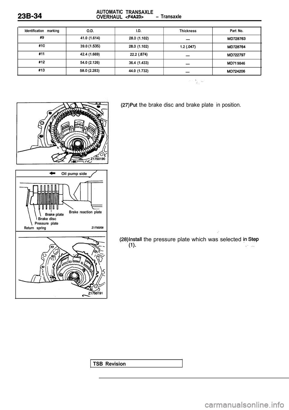 MITSUBISHI SPYDER 1990  Service Repair Manual Identification  marking
AUTOMATICTRANSAXLE
OVERHAUL  Transaxle
O.D.I.D. Thickness Part  No.
41.0 (1.614)  (1.102)
39.0  (1.102)1.2
42.4 (1.669)
22.2
54.0 (2.126)36.4  (1.433) 9846
(2.283)44.0  (1.732)