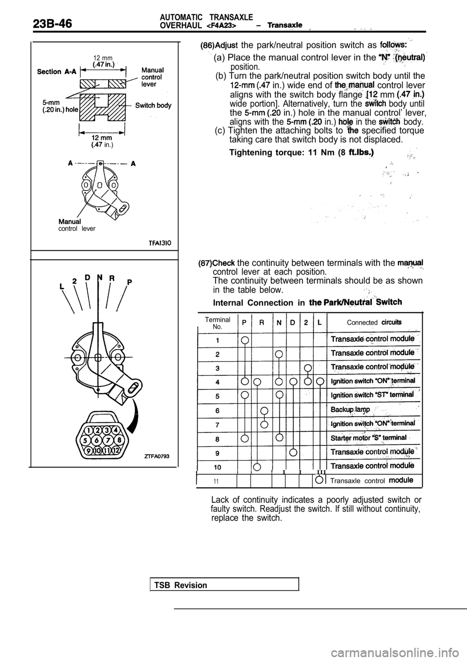 MITSUBISHI SPYDER 1990  Service Repair Manual AUTOMATIC  TRANSAXLE
OVERHAUL
12 mm
 in.)
control  lever
  the  park/neutral  position  switch  as 
 (a) Place the manual control lever in the 
position.,
(b) Turn the park/neutral position switch bod