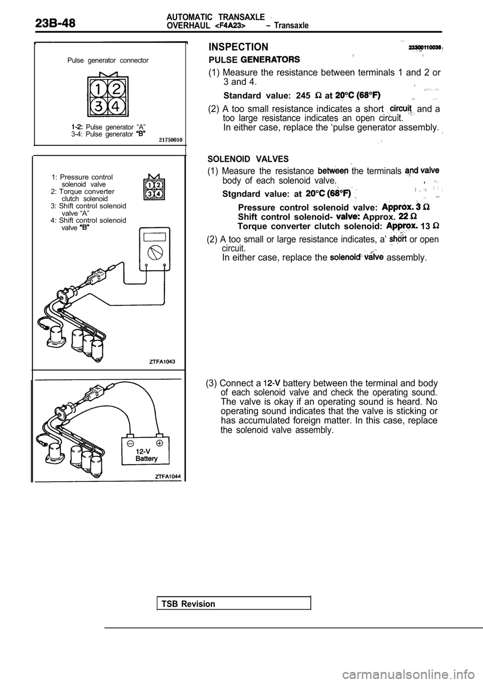 MITSUBISHI SPYDER 1990  Service Repair Manual AUTOMATIC  TRANSAXLE 
OVERHAUL  Transaxle
Pulse  generator  connector
  Pulse  generator  “A”
3-4:  Pulse  generator 
21750010
1:  Pressure  controlsolenoid  valve2:  Torque  converterclutch  sole