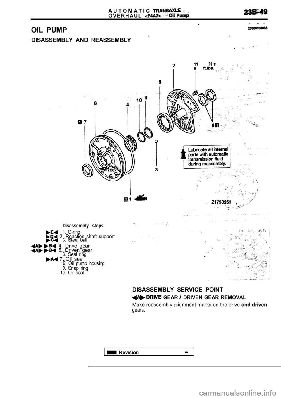 MITSUBISHI SPYDER 1990  Service Repair Manual A U T O M A T I C  .
O V E R H A U L
OIL  PUMP
DISASSEMBLY  AND  REASSEMBLY
.
.
2  Nm 
Disassembly  steps
1.O-ring  2.  Reaction  shaft  support3.Steel  ball
  4.  Drive  gear  5.  Driven  gear6.Seal 