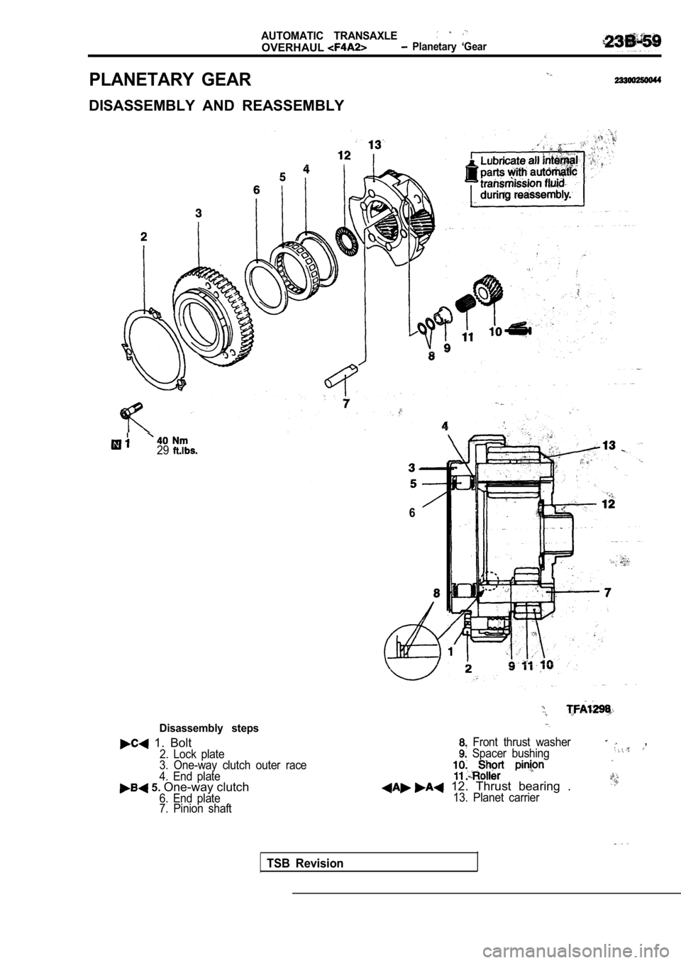 MITSUBISHI SPYDER 1990  Service Repair Manual AUTOMATIC  TRANSAXLE
OVERHAUL  Planetary  ‘Gear
PLANETARY  GEAR
DISASSEMBLY  AND  REASSEMBLY
29
6
Disassembly  steps
  1.  Bolt2.  Lock  plate
3.  One-way  clutch  outer  race 
4.  End  plate
 5.  O