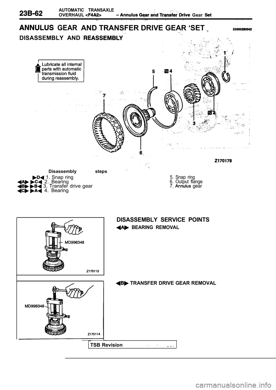 MITSUBISHI SPYDER 1990  Service Repair Manual AUTOMATIC  TRANSAXLE
OVERHAUL  Gear 
GEARAND TRANSFER DRIVE GEAR ‘SET 
DISASSEMBLY  AND 
Disassembly  steps 
  1.  Snap  ring  2.  Bearing  3.  Transfer  drive  gear  4.  Bearing
5.  Snap  ring
6.  