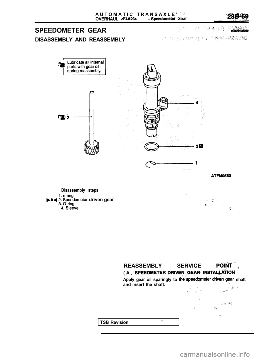 MITSUBISHI SPYDER 1990  Service Repair Manual A U T O M A T I C   T R A N S A X L E ’  
OVERHAUL  Gear
SPEEDOMETER  GEAR
DISASSEMBLY  AND  REASSEMBLY
Disassembly  steps
 driven gear
  Sleeve
REASSEMBLY  SERVICE   , 
( A ,
Apply gear  oil  spari