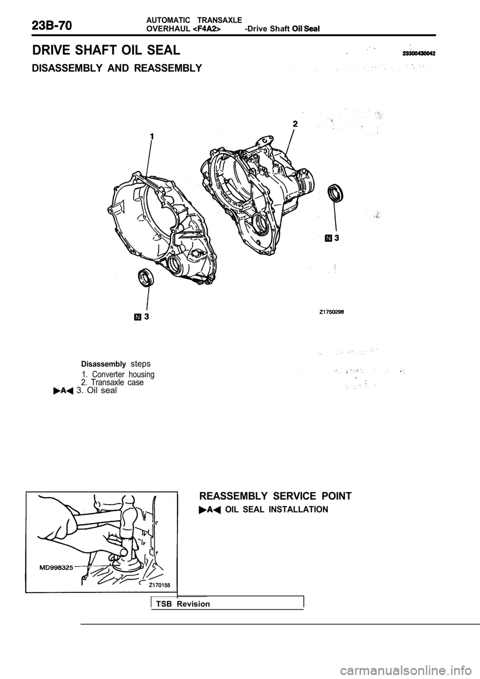 MITSUBISHI SPYDER 1990  Service Repair Manual AUTOMATIC  TRANSAXLE
OVERHAUL-Drive Shaft 
DRIVE  SHAFT  OIL  SEAL
DISASSEMBLY  AND  REASSEMBLY
Disassemblysteps
1.  Converter  housing2.  Transaxle  case  3.  Oil  seal
REASSEMBLY  SERVICE  POINT
  O