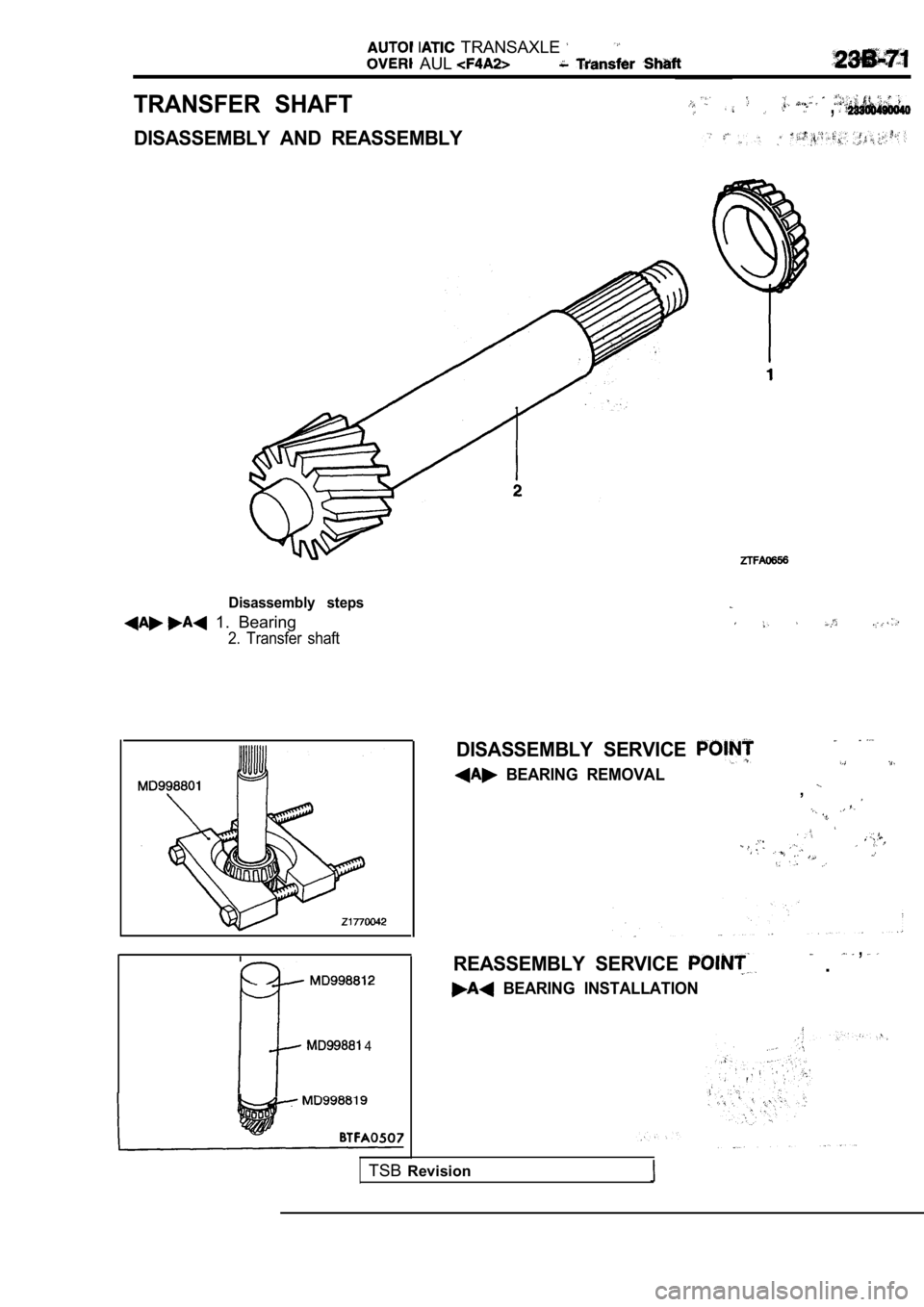 MITSUBISHI SPYDER 1990  Service Repair Manual   TRANSAXLE 
AUL
TRANSFER  SHAFT,
DISASSEMBLY  AND  REASSEMBLY
Disassembly  steps
  1.  Bearing
2.  Transfer  shaft
 4
DISASSEMBLY  SERVICE 
  BEARING  REMOVAL,
REASSEMBLY  SERVICE   . 
 , 
  BEARING 