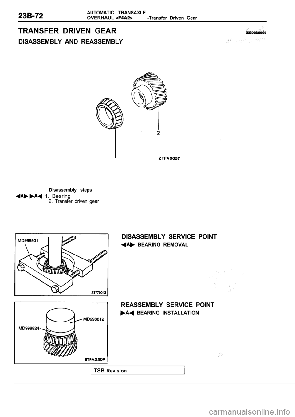 MITSUBISHI SPYDER 1990  Service Repair Manual AUTOMATIC  TRANSAXLE
OVERHAUL-Transfer  Driven  Gear
TRANSFER  DRIVEN  GEAR
DISASSEMBLY  AND  REASSEMBLY
Disassembly  steps
  1.  Bearing
2.  Transfer  driven  gear
DISASSEMBLY  SERVICE  POINT
  BEARI