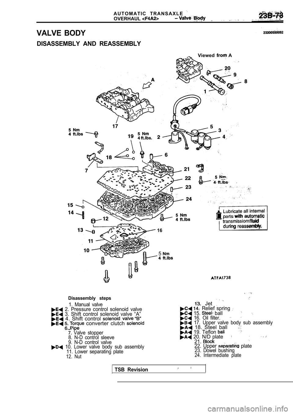 MITSUBISHI SPYDER 1990  Service Repair Manual VALVE  BODY
A U T O M A T I C   T R A N S A X L E  
OVERHAUL
DISASSEMBLY  AND  REASSEMBLY
Viewed A
.   .  
16
Lubricate  all  internal  with  automatic
 fluid
during  reassembly.
5
Disassembly  steps
