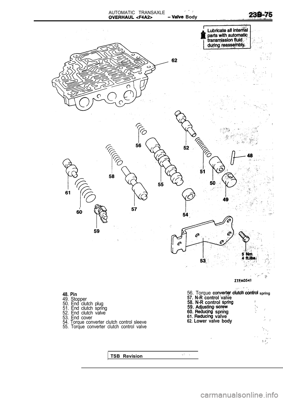 MITSUBISHI SPYDER 1990  Service Repair Manual AUTOMATIC  TRANSAXLE  Body
48.  Pin49.  Stopper50.  End  clutch  plug 
51.  End  clutch  spring
52.  End  clutch  valve 
53.  End  cover
54.  Torque  converter  clutch  control  sleeve 
55.  Torque  c