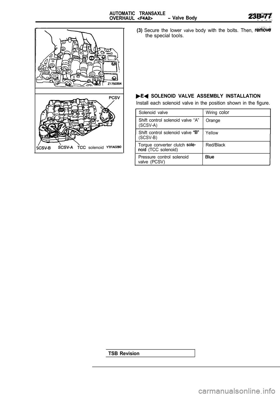 MITSUBISHI SPYDER 1990  Service Repair Manual   solenoid 
AUTOMATIC  TRANSAXLE
OVERHAUL  Valve  Body.
(3)Secure  the  lower valvebody  with  the  bolts.  Then, 
the special tools.
  SOLENOID  VALVE  ASSEMBLY  INSTALLATION
Install  each  solenoid 