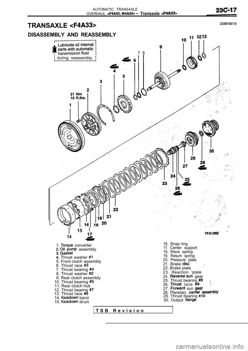 MITSUBISHI SPYDER 1990  Service Repair Manual AUTOMATIC  TRANSAXLE
OVERHAUL
  Transaxle 
TRANSAXLE23300100110
DISASSEMBLY  AND  REASSEMBLY
7 8
  during  reassembly. 
15
14
1.  converter  assembly
  Thrust  washer 5. Front clutch assembly
6.  Thru