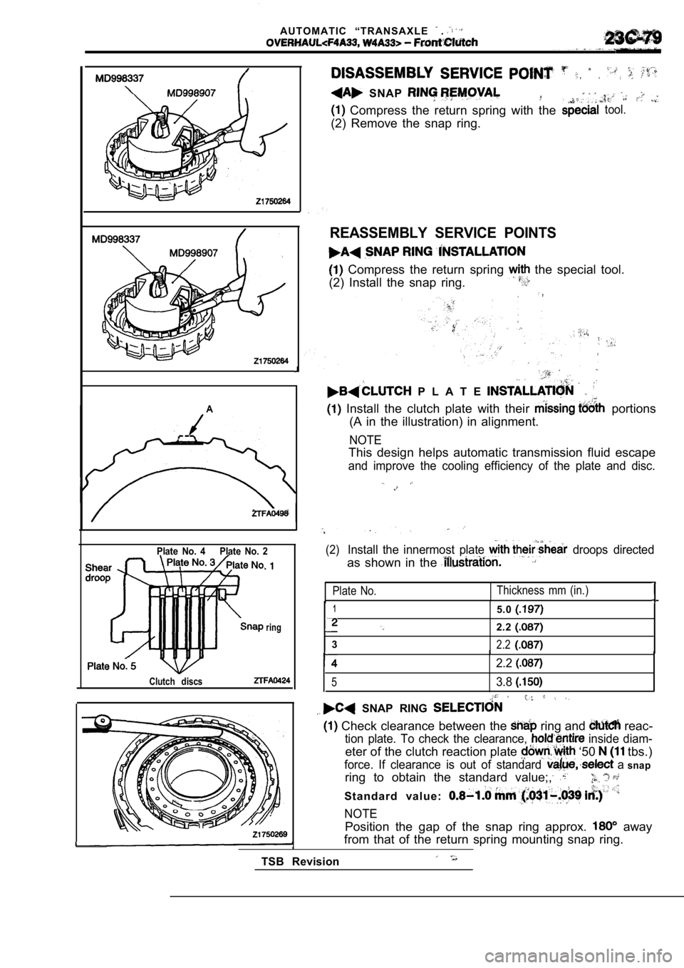 MITSUBISHI SPYDER 1990  Service Repair Manual A U T O M A T I C   “ T R A N S A X L E   . 
  SNAP 
  Compress  the  return  spring  with  thetool.
(2)  Remove  the  snap  ring.
REASSEMBLY  SERVICE  POINTS
  Compress  the  return  spring   the  