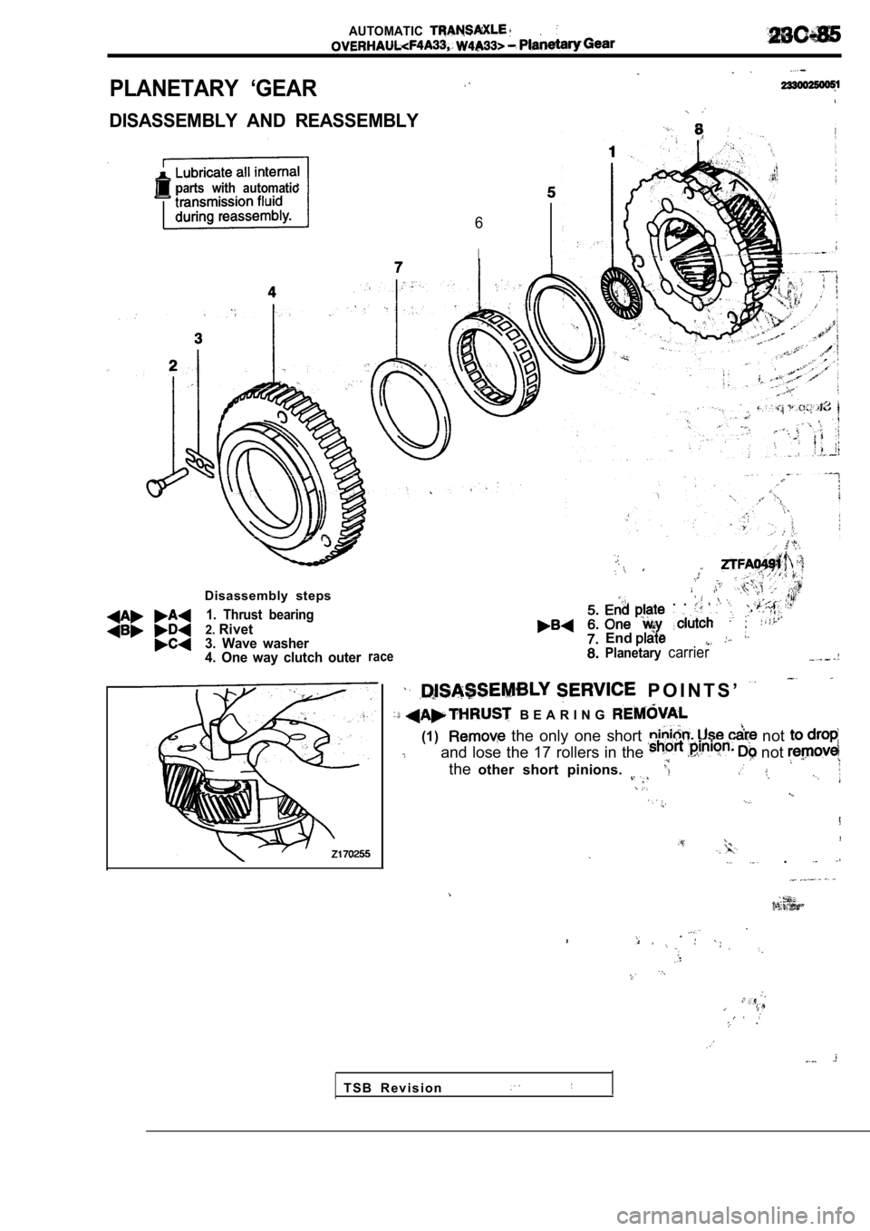 MITSUBISHI SPYDER 1990  Service Repair Manual AUTOMATIC
PLANETARY  ‘GEAR
DISASSEMBLY  AND  REASSEMBLY
parts  with  automatic
6
I
Disassembly  steps
1.  Thrust  bearing
2.Rivet
3.  Wave  washer 
4.  One  way  clutch  outer
race
  .  . 
End
Plane