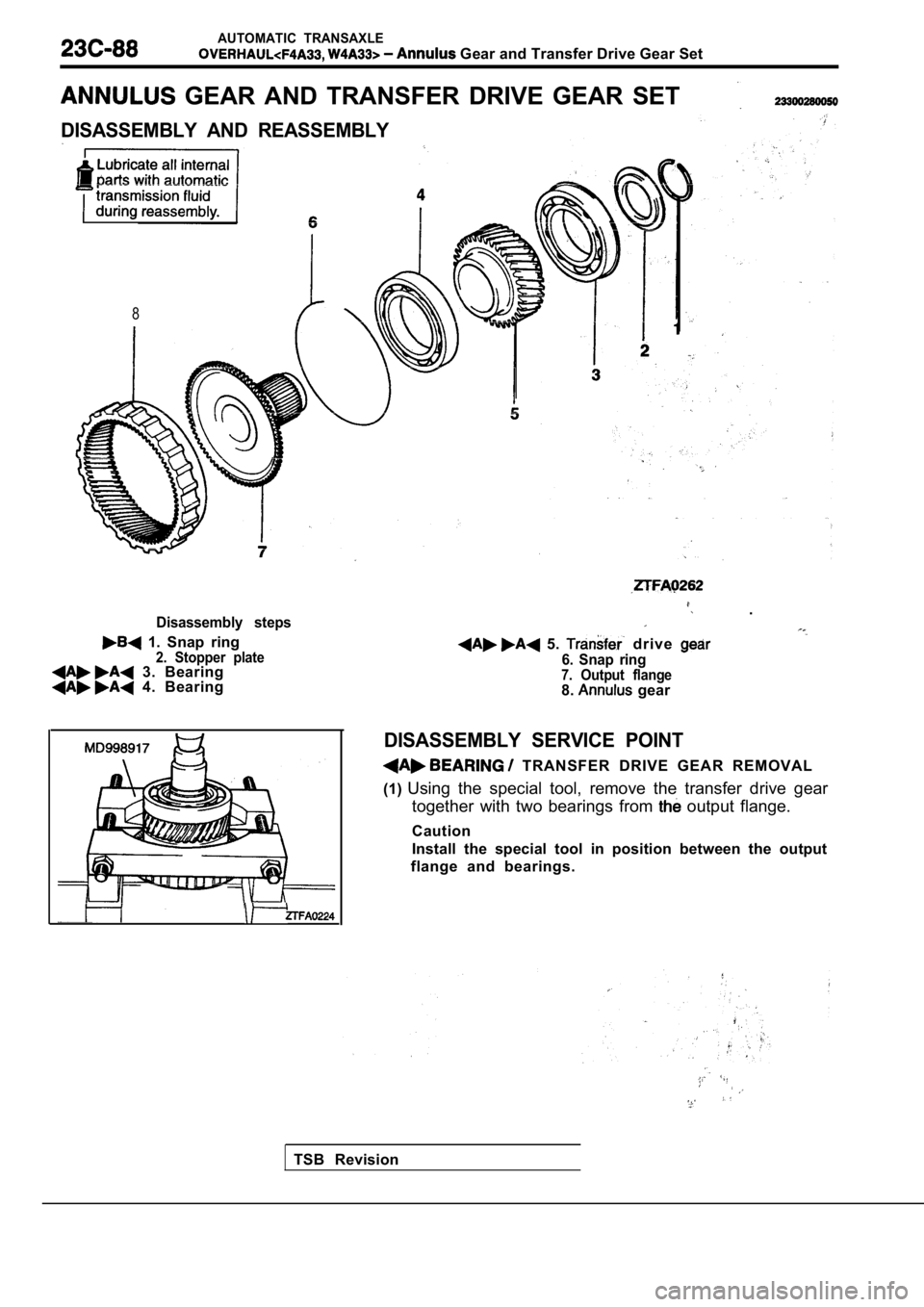 MITSUBISHI SPYDER 1990  Service Repair Manual AUTOMATIC  TRANSAXLE
 Gear and Transfer Drive Gear Set
  GEAR  AND  TRANSFER  DRIVE  GEAR  SET
DISASSEMBLY  AND  REASSEMBLY
8
Disassembly  steps
  1.  Snap  ring2.  Stopper  plate  3.  Bearing  4.  Be