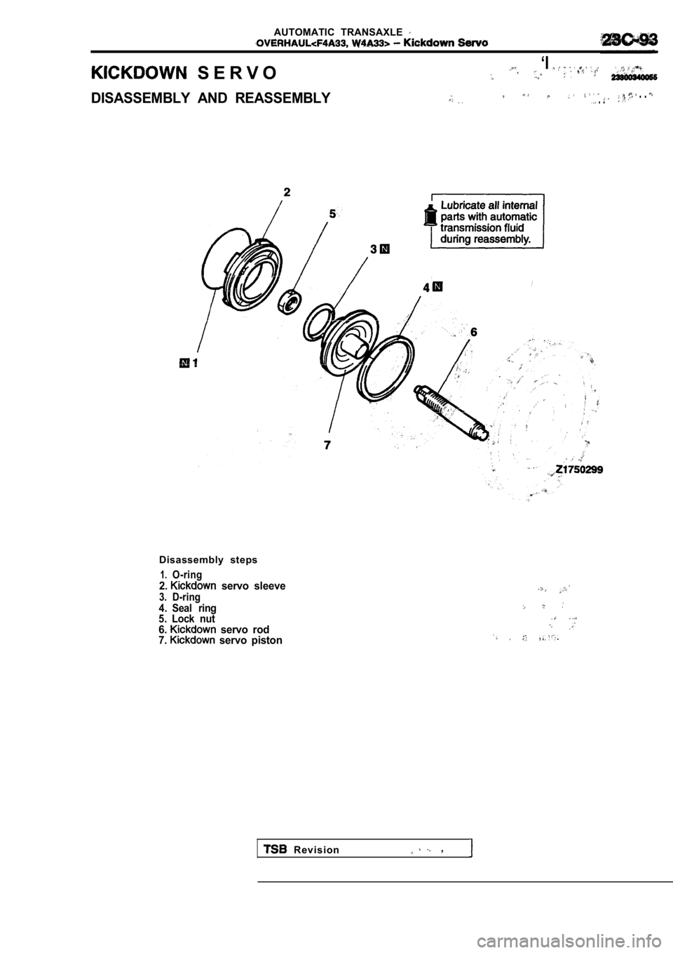 MITSUBISHI SPYDER 1990  Service Repair Manual AUTOMATIC  TRANSAXLE 
  S E R V O‘I
DISASSEMBLY  AND  REASSEMBLY . . . . 
Disassembly  steps
1.O-ring2.  servo  sleeve3. D-ring4. Seal  ring
5. Lock  nut
6.  servo  rod
7.  servo  piston
  R e v i s