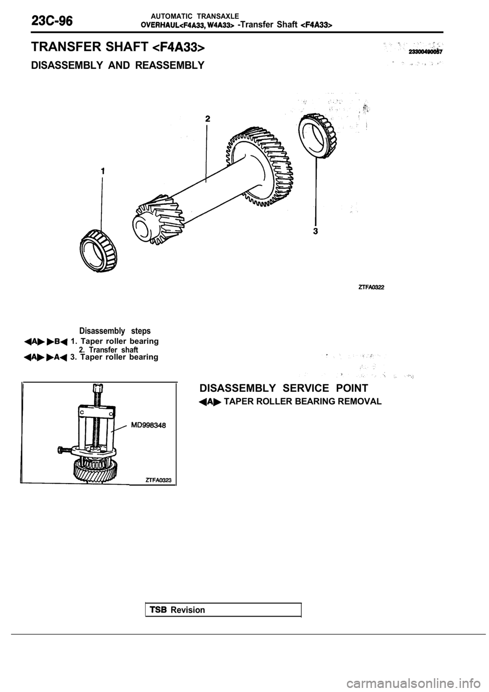 MITSUBISHI SPYDER 1990  Service Repair Manual AUTOMATIC  TRANSAXLE
  -Transfer  Shaft 
TRANSFER SHAFT 
DISASSEMBLY  AND  REASSEMBLY
Disassembly  steps
  1.  Taper  roller  bearing
2.  Transfer  shaft  3.  Taper  roller  bearing
  Revision
DISASSE