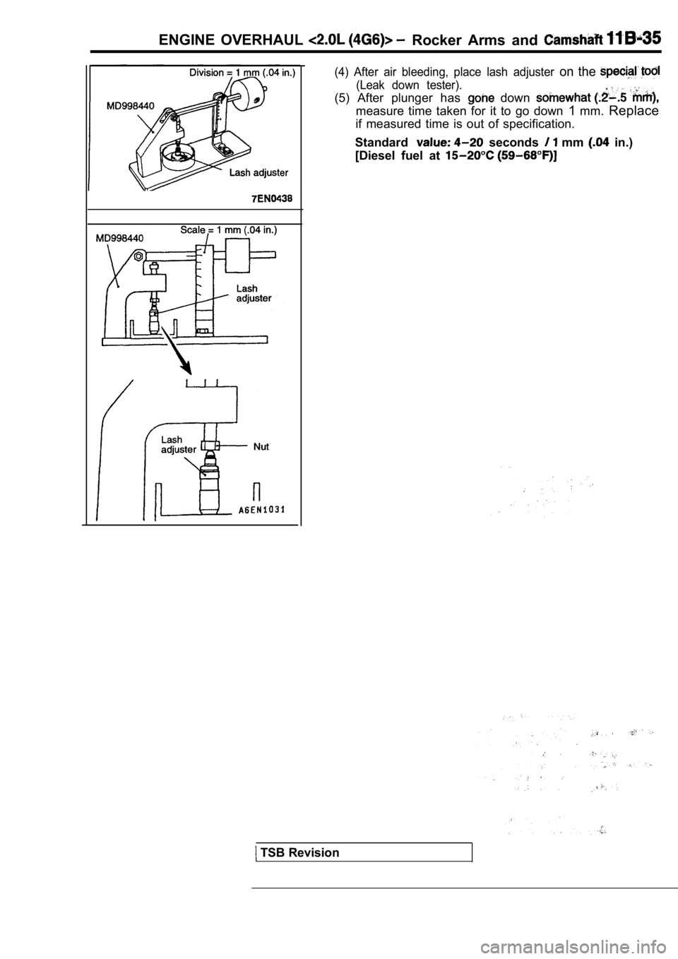 MITSUBISHI SPYDER 1990  Service Repair Manual ENGINE  OVERHAUL Rocker  Arms  and 
(4)  After  air  bleeding,  place  lash  adjuster on  the 
(Leak  down  tester).
(5)  After  plunger  has   down 
measure  time  taken  for  it  to  go  down 1mm. R