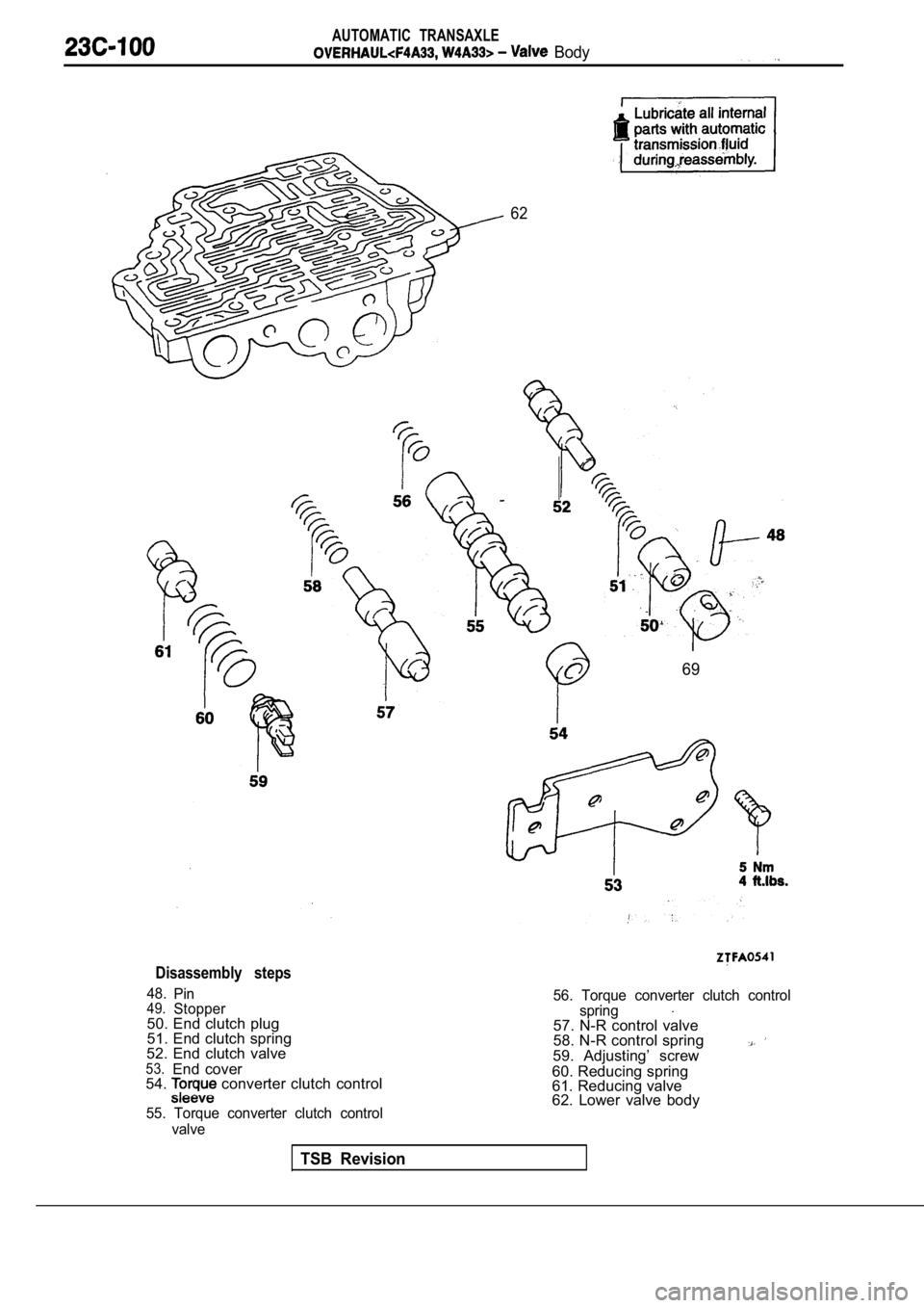 MITSUBISHI SPYDER 1990  Service Repair Manual AUTOMATIC  TRANSAXLE
  Body
62
69
Disassembly  steps
48.Pin49.Stopper50. End clutch plug 
51. End clutch spring
52.  End  clutch  valve
53.End  cover
54. converter clutch control
55.  Torque  converte