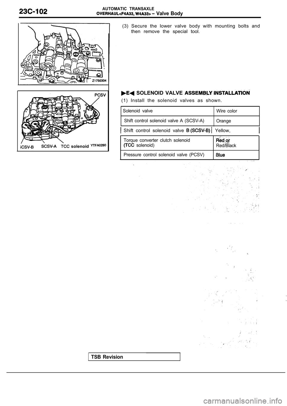 MITSUBISHI SPYDER 1990  Service Repair Manual AUTOMATIC  TRANSAXLE
  Valve  Body
  solenoid 
(3)  Secure  the  lower  valve  body  with  mounting  bolts  and
then  remove  the  special  tool.
  SOLENOID  VALVE 
(1)  Install  the  solenoid  valves