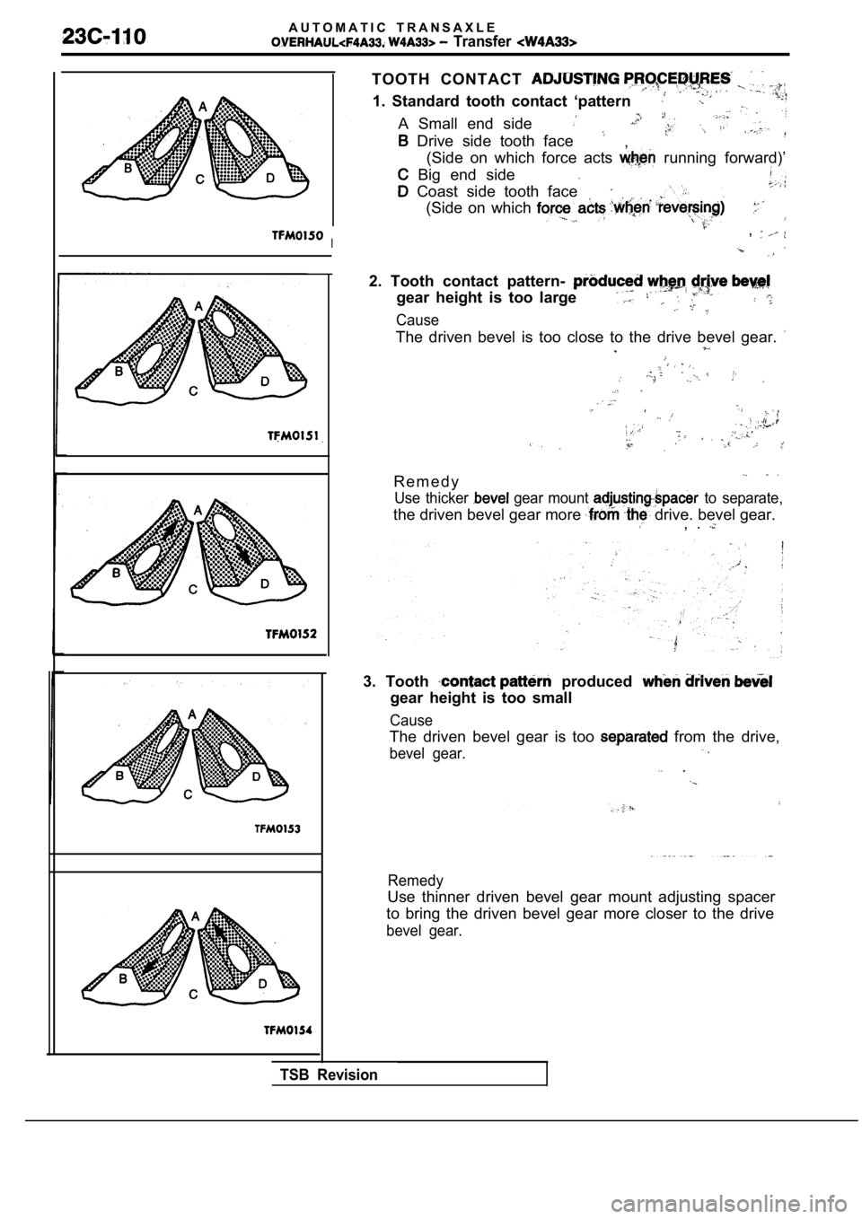 MITSUBISHI SPYDER 1990  Service Repair Manual A U T O M A T I C   T R A N S A X L E
  Transfer 
I
TOOTH  CONTACT 
1.  Standard  tooth  contact  ‘pattern
A  Small  end  side
  Drive  side  tooth  face,
(Side  on  which  force  acts 
  running  f