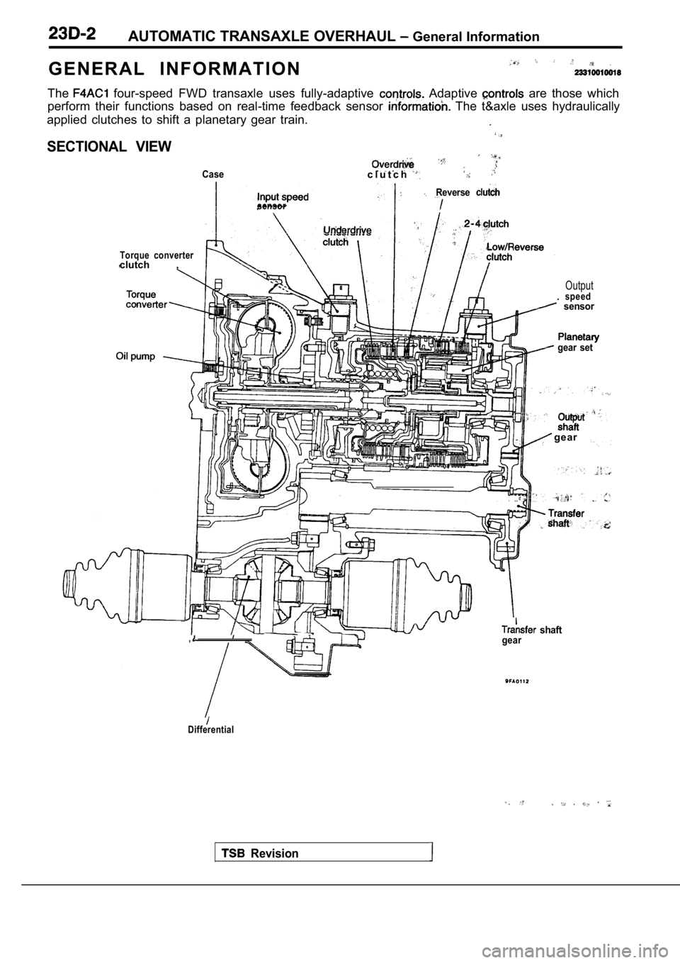 MITSUBISHI SPYDER 1990  Service Repair Manual AUTOMATIC TRANSAXLE OVERHAUL  General Information
G E N E R A L   I N F O R M A T I O N
The  four-speed  FWD  transaxle  uses  fully-adaptive   Adaptive   are  those  which
perform  their  functions  