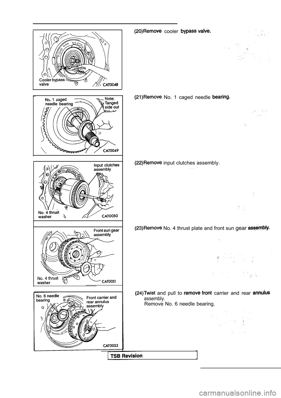 MITSUBISHI SPYDER 1990  Service Repair Manual needle  bearing 
washer
  cooler 
  No.  1  caged  needle 
 input clutches assembly.
 No. 4 thrust plate and front sun gear
  and  pull  to   carrier  and  rear 
assembly.
Remove  No.  6  needle  bear