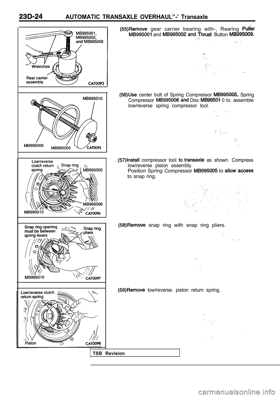 MITSUBISHI SPYDER 1990  Service Repair Manual AUTOMATIC  TRANSAXLE  OVERHAUL”-’  Transaxle
and
Low/reverse
  gear  carrier  bearing  with-,  Rearing 
  and   Button 
  center  bolt  of  Spring  Compressor   Spring
Compressor
 Disc   0  to.  a