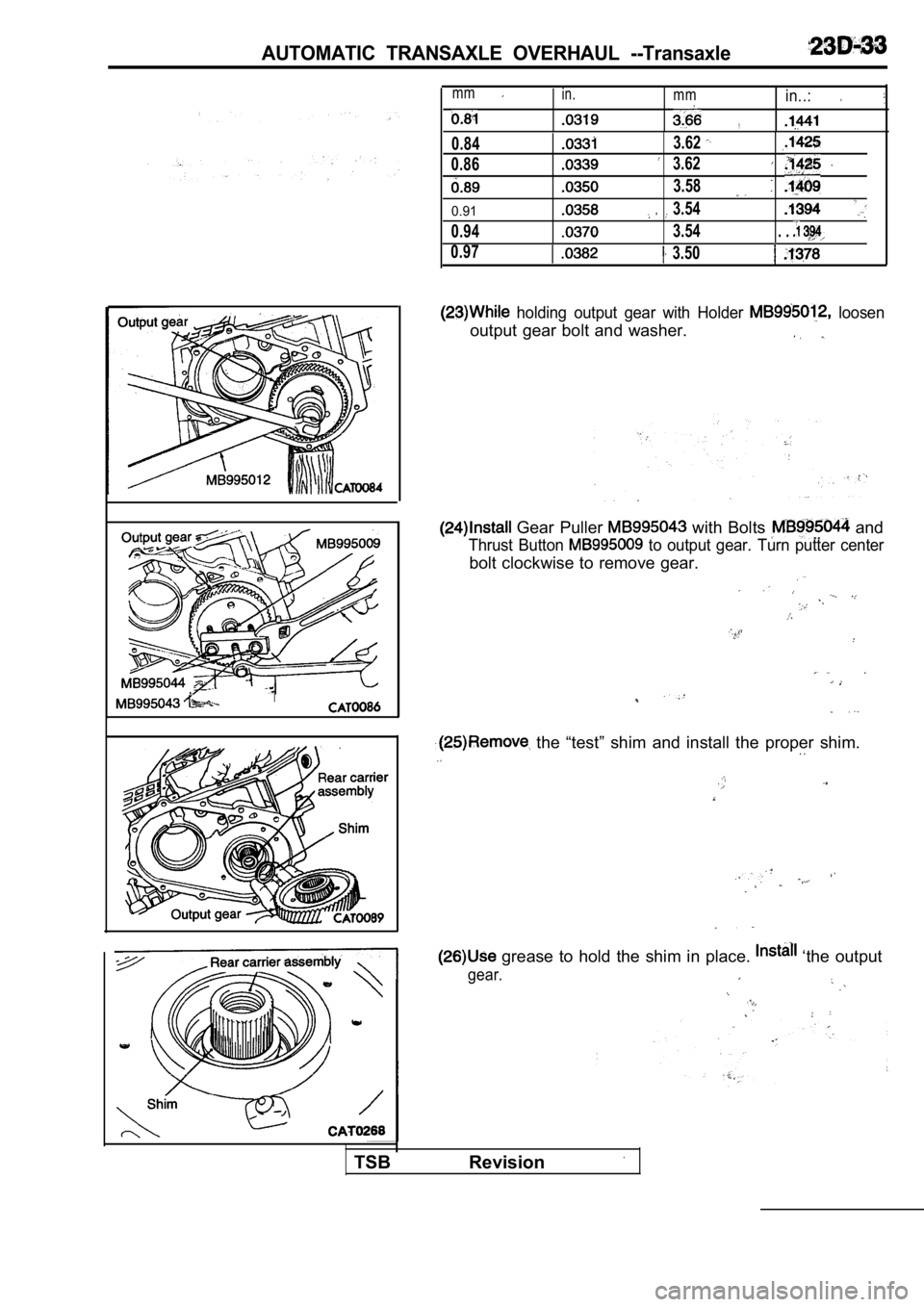 MITSUBISHI SPYDER 1990  Service Repair Manual AUTOMATIC  TRANSAXLE  OVERHAUL  --Transaxle
I
mmin.in..:m m
,
0.843.62
0.863.62
3.58
0.91.3.54
0.943.54.  . 
0.973.50
  holding  output  gear  with  Holder   loosen
output  gear  bolt  and  washer.
  