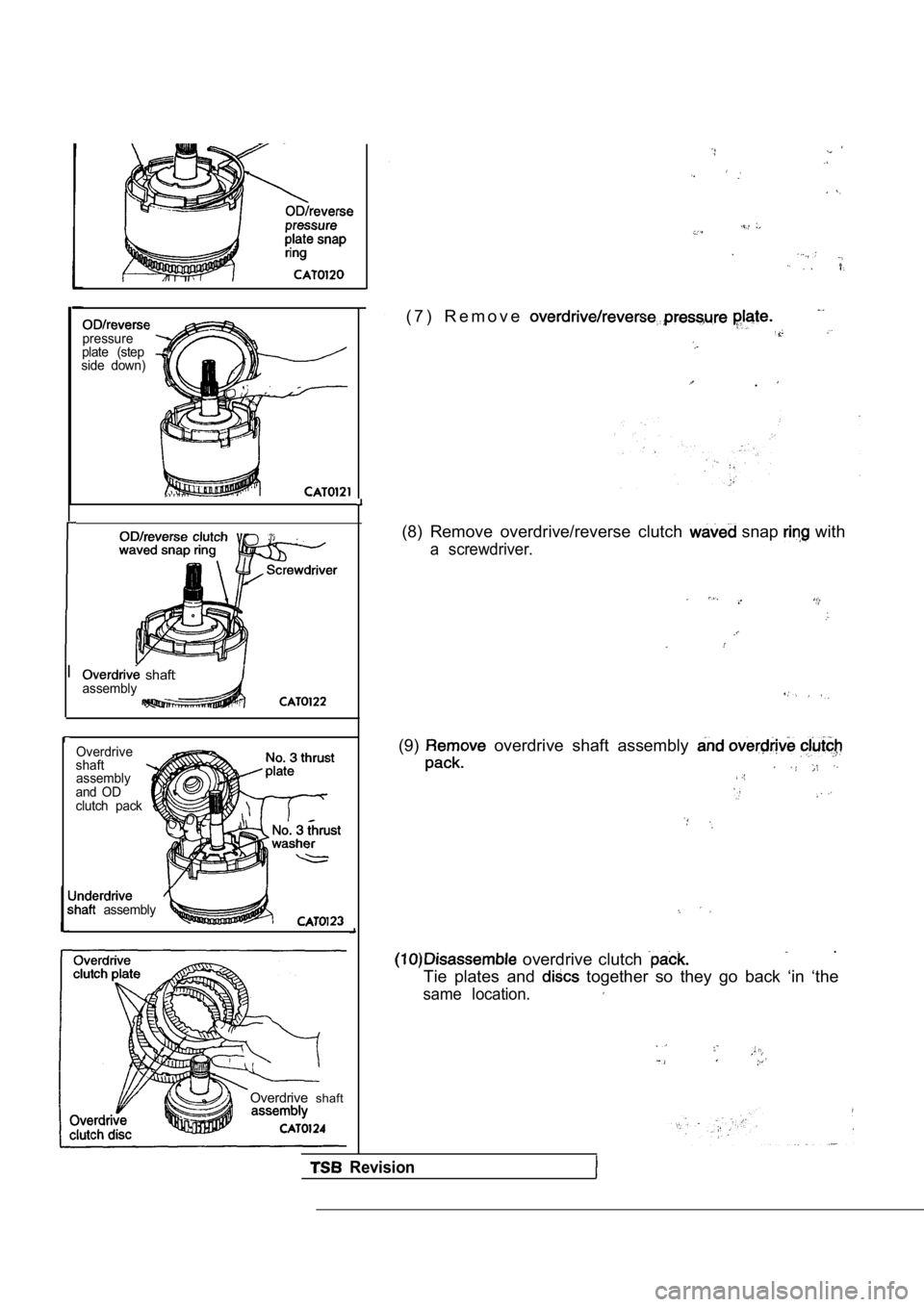 MITSUBISHI SPYDER 1990  Service Repair Manual pressure
plate  (step
side  down)
  shaftassembly
Overdrive
shaft assembly
and  OD 
clutch  pack
  assembly
Overdrive shaft
( 7 )   R e m o v e  
.
(8)  Remove  overdrive/reverse  clutch   snap   with