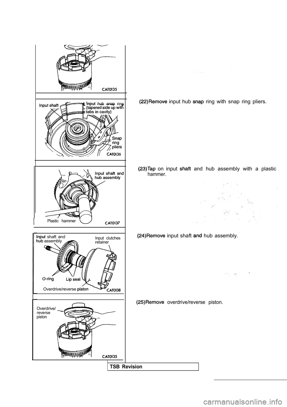 MITSUBISHI SPYDER 1990  Service Repair Manual hub  snapring
Plastic  hammer
  shaft  and assemblyInput  clutches 
retainer
Overdrive/reverse
Overdrive/reverse
piston
  input  hub   ring  with  snap  ring  pliers.
  on  input   and  hub  assembly 