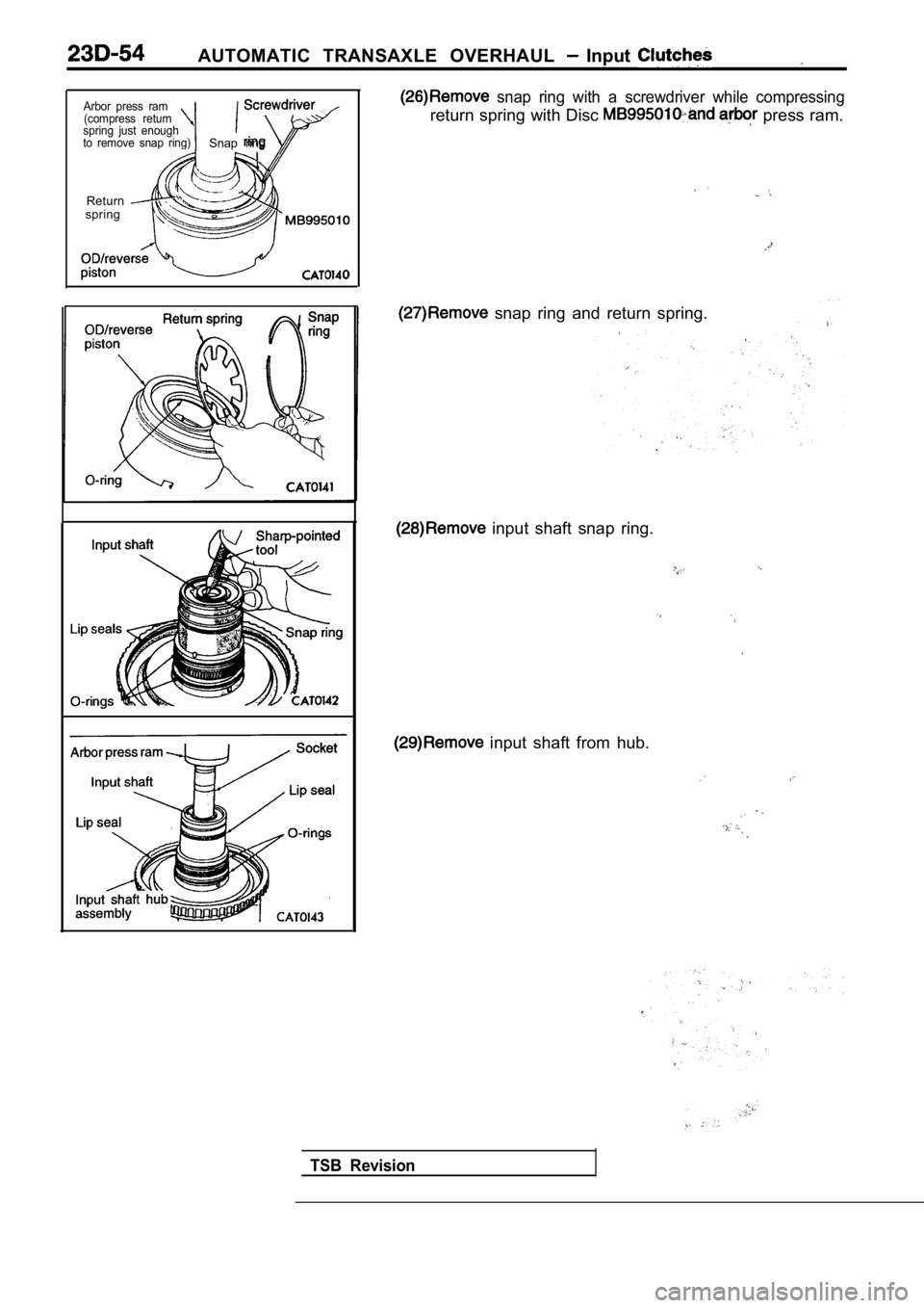 MITSUBISHI SPYDER 1990  Service Repair Manual AUTOMATIC  TRANSAXLE  OVERHAUL   Input 
Arbor  press  ram(compress  return
spring  just  enough
to  remove  snap  ring)Snap  ring
Return
spring
  I.
  snap  ring  with  a  screwdriver  while  compress