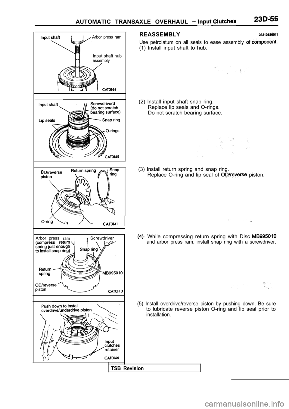 MITSUBISHI SPYDER 1990  Service Repair Manual AUTOMATIC  TRANSAXLE  OVERHAUL 
Arbor  press  ram
Input shaft hubassembly
0
Arbor  pressram  ScrewdriverREASSEMBLY
Use  petrolatum  on  all  seals  to  ease  assembly 
(1)  Install  input  shaft  to  
