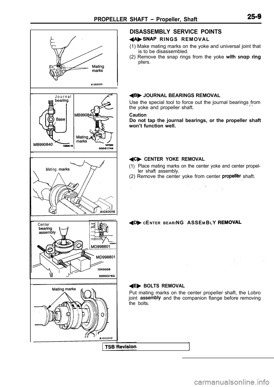 MITSUBISHI SPYDER 1990  Service Repair Manual PROPELLER  SHAFT   Propeller,  Shaft
J o u r n a l
I
Mating
Cen t er
\I
DISASSEMBLY  SERVICE  POINTS
  R I N G S   R E M O V A L
(1) Make mating marks on the yoke and universal joi nt that
is to be di