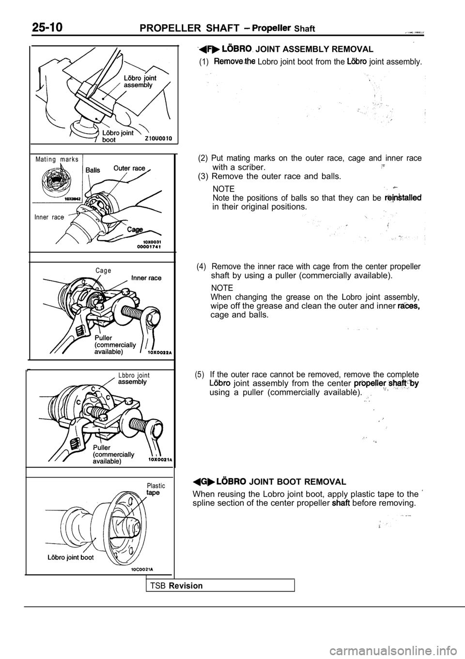 MITSUBISHI SPYDER 1990  Service Repair Manual PROPELLER  SHAFT   Shaft
Mat i n g   m ar k s  
Inner  race
Cag e
Cag e
Lbbro  ioint
Plastic
 JOINT ASSEMBLY REMOVAL
(1) Lobro joint boot from the  joint assembly.
(2)  Put  mating  marks  on  the  ou