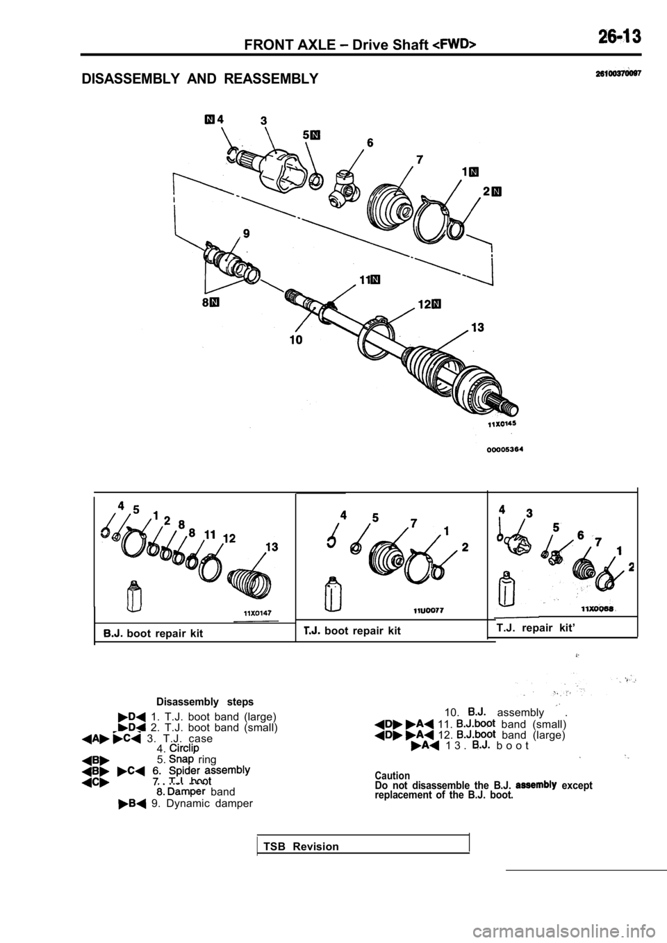 MITSUBISHI SPYDER 1990 Service Repair Manual FRONT AXLE Drive Shaft
DISASSEMBLY AND REASSEMBLY
boot repair kit
Disassembly steps
1. T.J. boot band (large) 2. T.J. boot band (small) 3. T.J. case4.
5. ring
band
9. Dyna MITSUBISHI SPYDER 1990 Service Repair Manual FRONT AXLE Drive Shaft
DISASSEMBLY AND REASSEMBLY
boot repair kit
Disassembly steps
1. T.J. boot band (large) 2. T.J. boot band (small) 3. T.J. case4.
5. ring
band
9. Dyna
