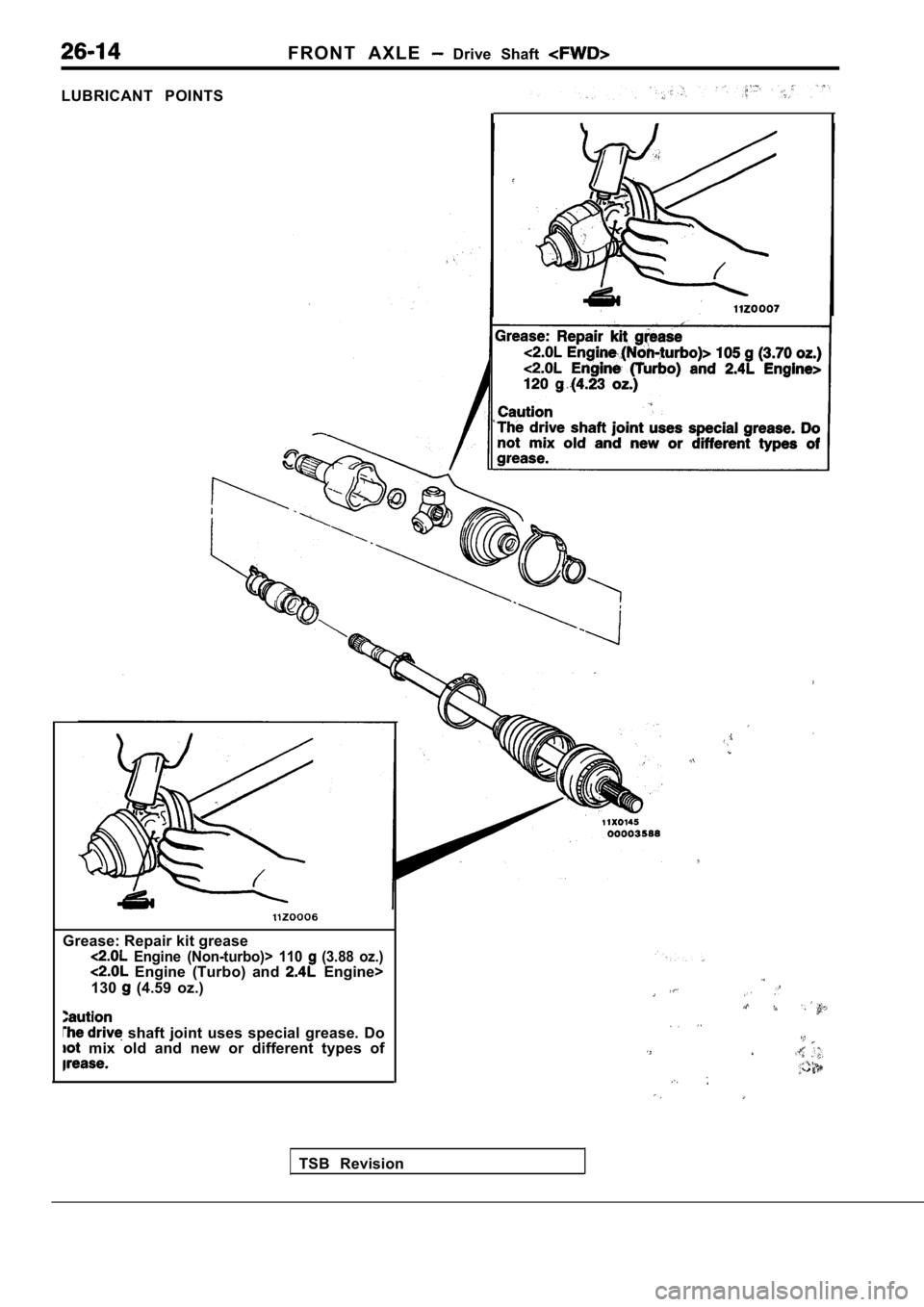 MITSUBISHI SPYDER 1990 Service Repair Manual F R O N T A X L E Drive Shaft
LUBRICANT POINTSTSB Revision
Grease: Repair kit grease
Engine (Non-turbo)> 110 (3.88 oz.) Engine (Turbo) and Engine>
130
(4.59 oz.)
shaft joint MITSUBISHI SPYDER 1990 Service Repair Manual F R O N T A X L E Drive Shaft
LUBRICANT POINTSTSB Revision
Grease: Repair kit grease
Engine (Non-turbo)> 110 (3.88 oz.) Engine (Turbo) and Engine>
130
(4.59 oz.)
shaft joint