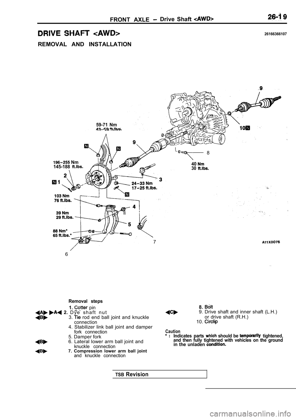 MITSUBISHI SPYDER 1990 Service Repair Manual FRONT AXLE Drive Shaft
26166366107
REMOVAL AND INSTALLATION
59-71 Nm
Nm
145-188
8
4030
7
6
Removal steps
1. pin 2. D y e s h a f t n u t
3. rod end ball joint and knuckleconnect MITSUBISHI SPYDER 1990 Service Repair Manual FRONT AXLE Drive Shaft
26166366107
REMOVAL AND INSTALLATION
59-71 Nm
Nm
145-188
8
4030
7
6
Removal steps
1. pin 2. D y e s h a f t n u t
3. rod end ball joint and knuckleconnect
