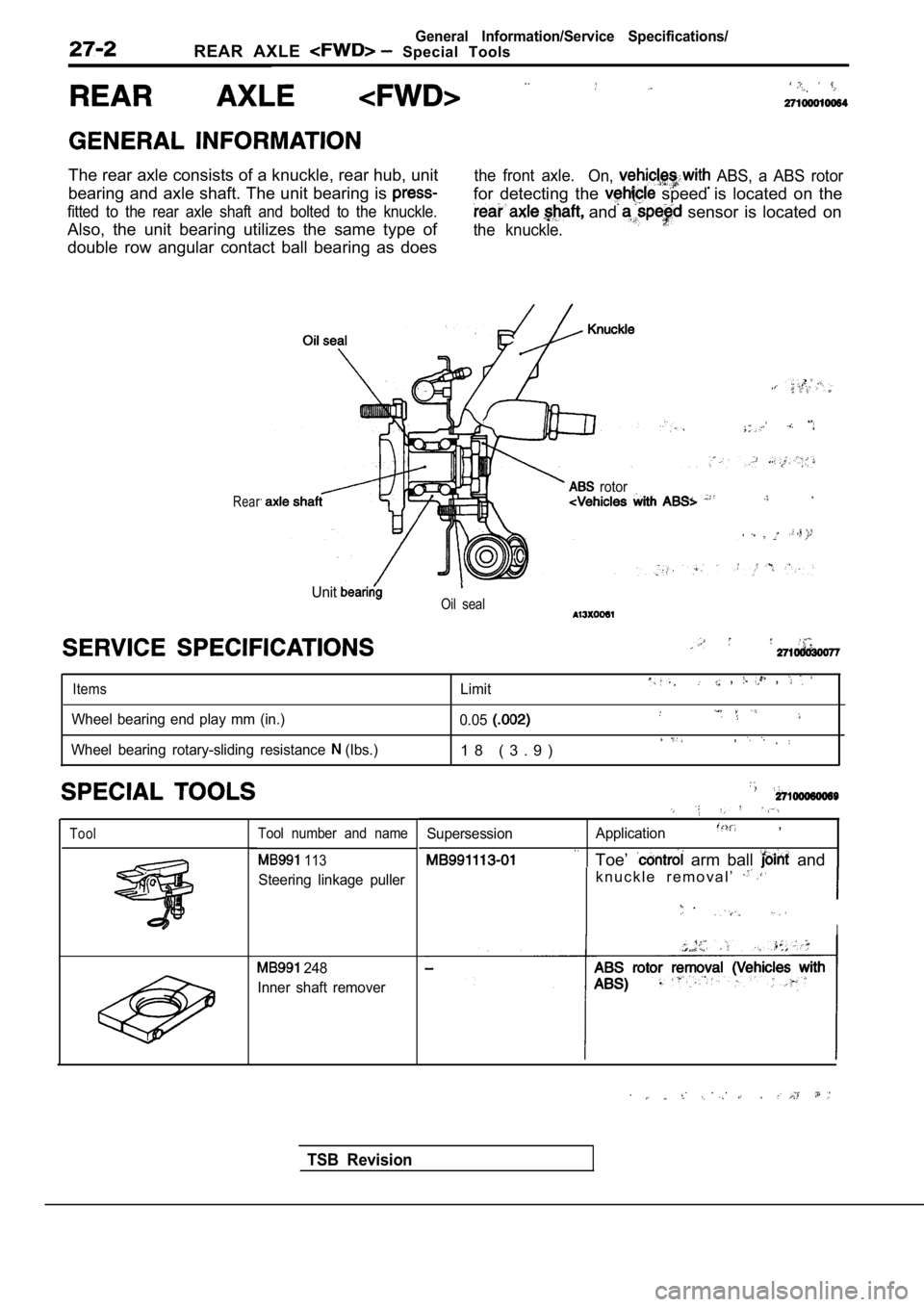 MITSUBISHI SPYDER 1990 Service Repair Manual General Information/Service Specifications/
REAR AXLE Special Tools
The rear axle consists of a knuckle, rear hub, unit
bearing and axle shaft. The unit bearing is
fitted to the rear axle MITSUBISHI SPYDER 1990 Service Repair Manual General Information/Service Specifications/
REAR AXLE Special Tools
The rear axle consists of a knuckle, rear hub, unit
bearing and axle shaft. The unit bearing is
fitted to the rear axle