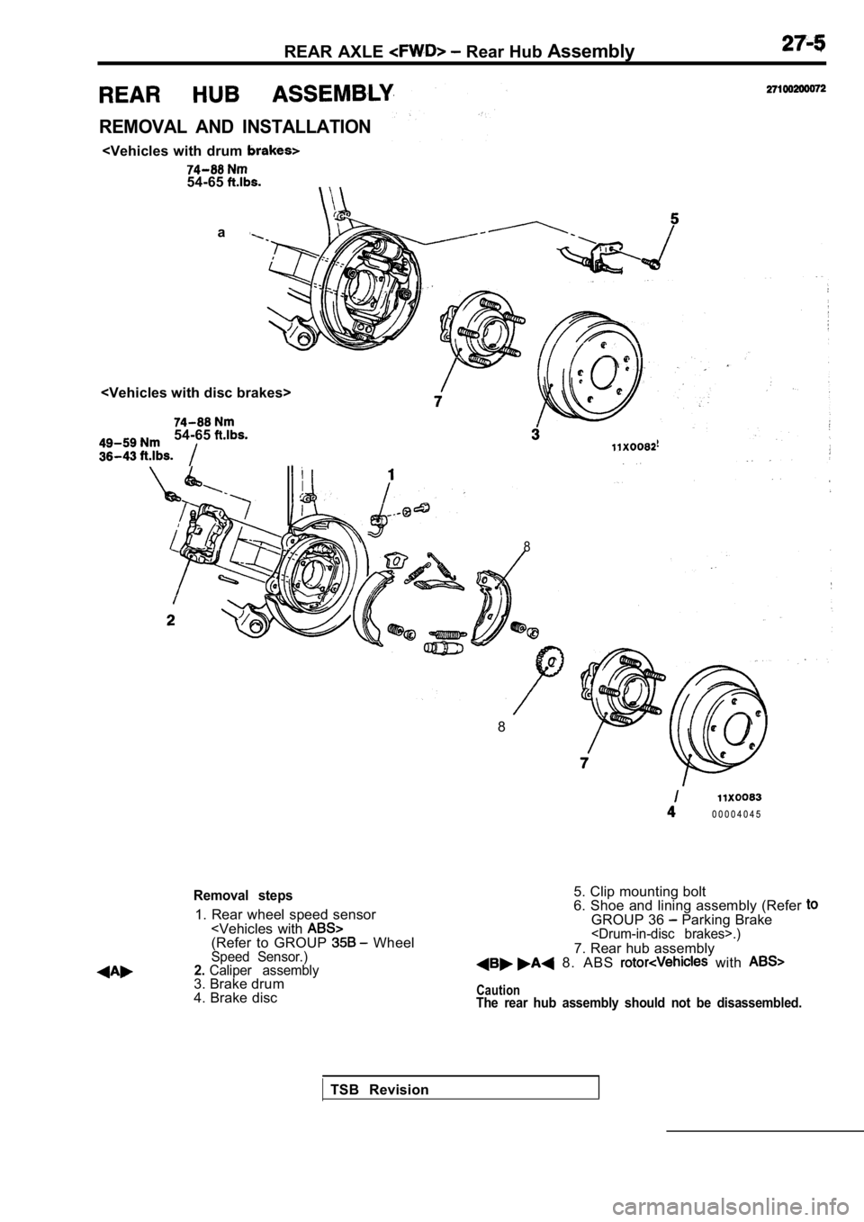 MITSUBISHI SPYDER 1990 Service Repair Manual REAR AXLE Rear Hub Assembly
REMOVAL AND INSTALLATION
<Vehicles with drum
54-65
a
<Vehicles with disc brakes>
54-65
8
8
0 0 0 0 4 0 4 5
Removal steps
1. Rear wheel speed sensor <Vehicles with MITSUBISHI SPYDER 1990 Service Repair Manual REAR AXLE Rear Hub Assembly
REMOVAL AND INSTALLATION
<Vehicles with drum
54-65
a
<Vehicles with disc brakes>
54-65
8
8
0 0 0 0 4 0 4 5
Removal steps
1. Rear wheel speed sensor <Vehicles with