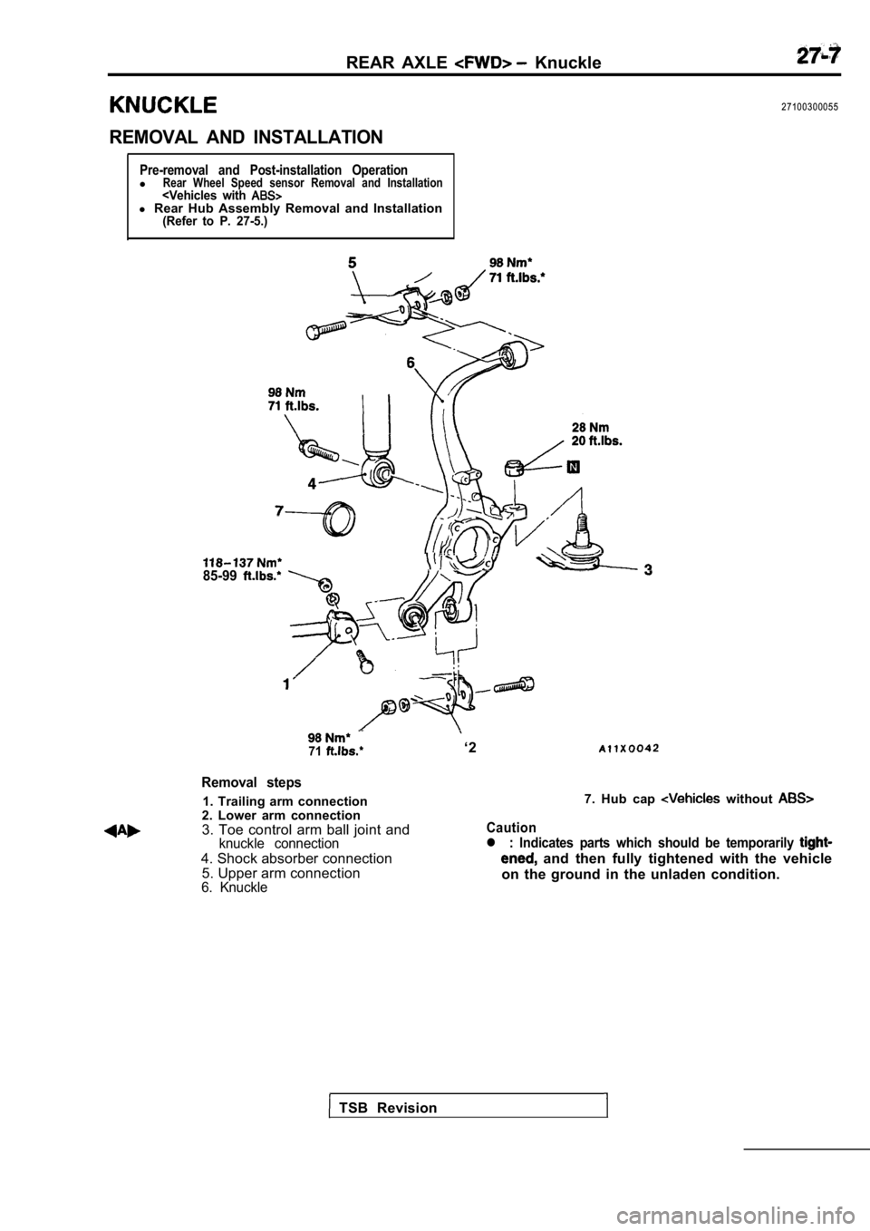 MITSUBISHI SPYDER 1990 Service Repair Manual REAR AXLE Knuckle
REMOVAL AND INSTALLATION
27100300055
Pre-removal and Post-installation OperationlRear Wheel Speed sensor Removal and Installation<Vehicles with l Rear Hub Assembly MITSUBISHI SPYDER 1990 Service Repair Manual REAR AXLE Knuckle
REMOVAL AND INSTALLATION
27100300055
Pre-removal and Post-installation OperationlRear Wheel Speed sensor Removal and Installation<Vehicles with l Rear Hub Assembly