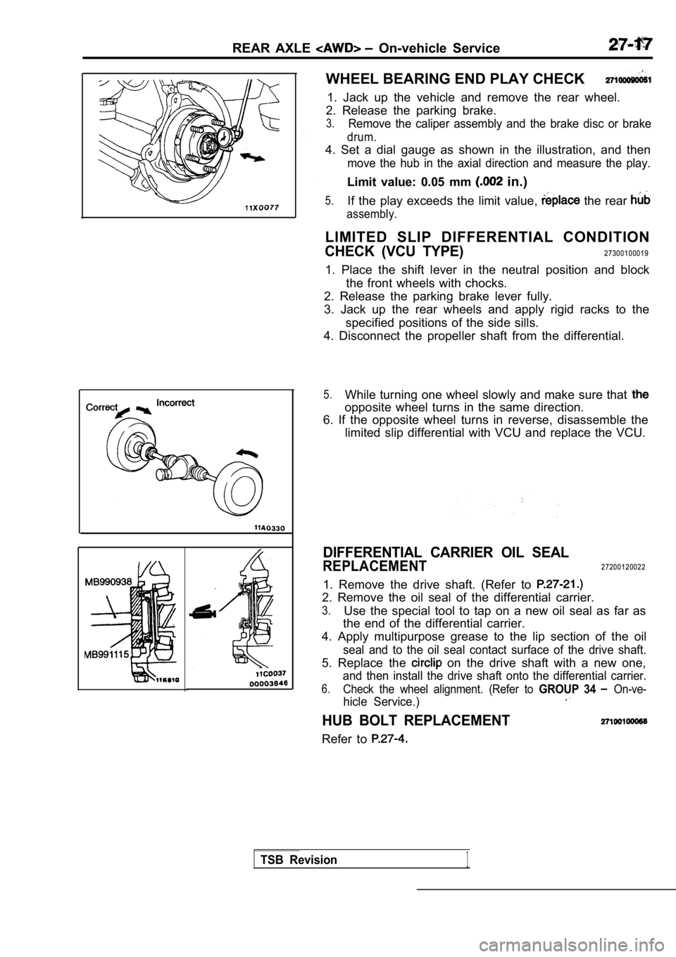 MITSUBISHI SPYDER 1990 Service Repair Manual REAR AXLE On-vehicle Service
WHEEL BEARING END PLAY CHECK
1. Jack up the vehicle and remove the rear wheel.
2. Release the parking brake.
3.Remove the caliper assembly and the b MITSUBISHI SPYDER 1990 Service Repair Manual REAR AXLE On-vehicle Service
WHEEL BEARING END PLAY CHECK
1. Jack up the vehicle and remove the rear wheel.
2. Release the parking brake.
3.Remove the caliper assembly and the b