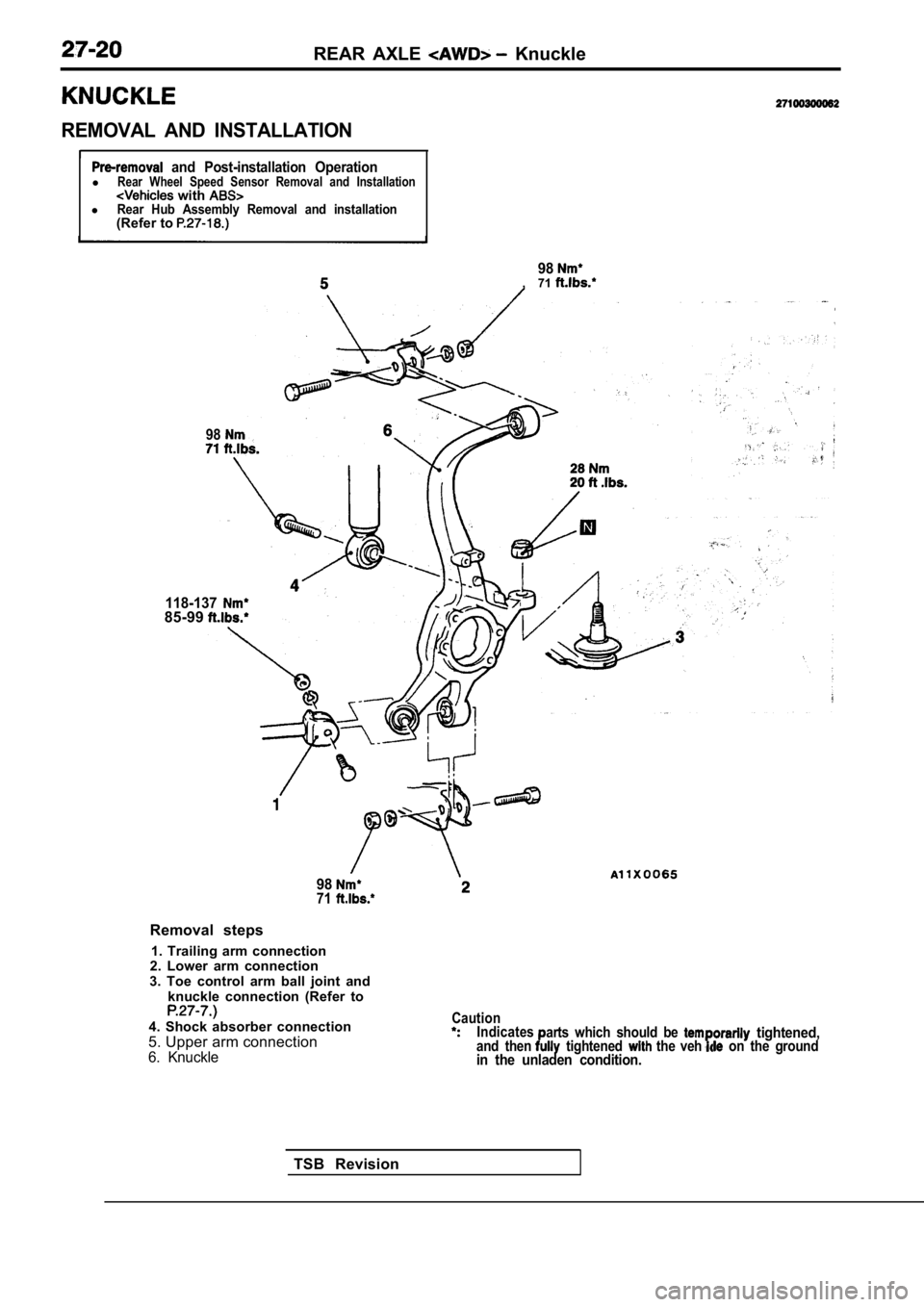 MITSUBISHI SPYDER 1990 Service Repair Manual REAR AXLE Knuckle
REMOVAL AND INSTALLATION
II and Post-installation OperationlRear Wheel Speed Sensor Removal and Installation with lRear Hub Assembly Removal and installation(Refer MITSUBISHI SPYDER 1990 Service Repair Manual REAR AXLE Knuckle
REMOVAL AND INSTALLATION
II and Post-installation OperationlRear Wheel Speed Sensor Removal and Installation with lRear Hub Assembly Removal and installation(Refer
