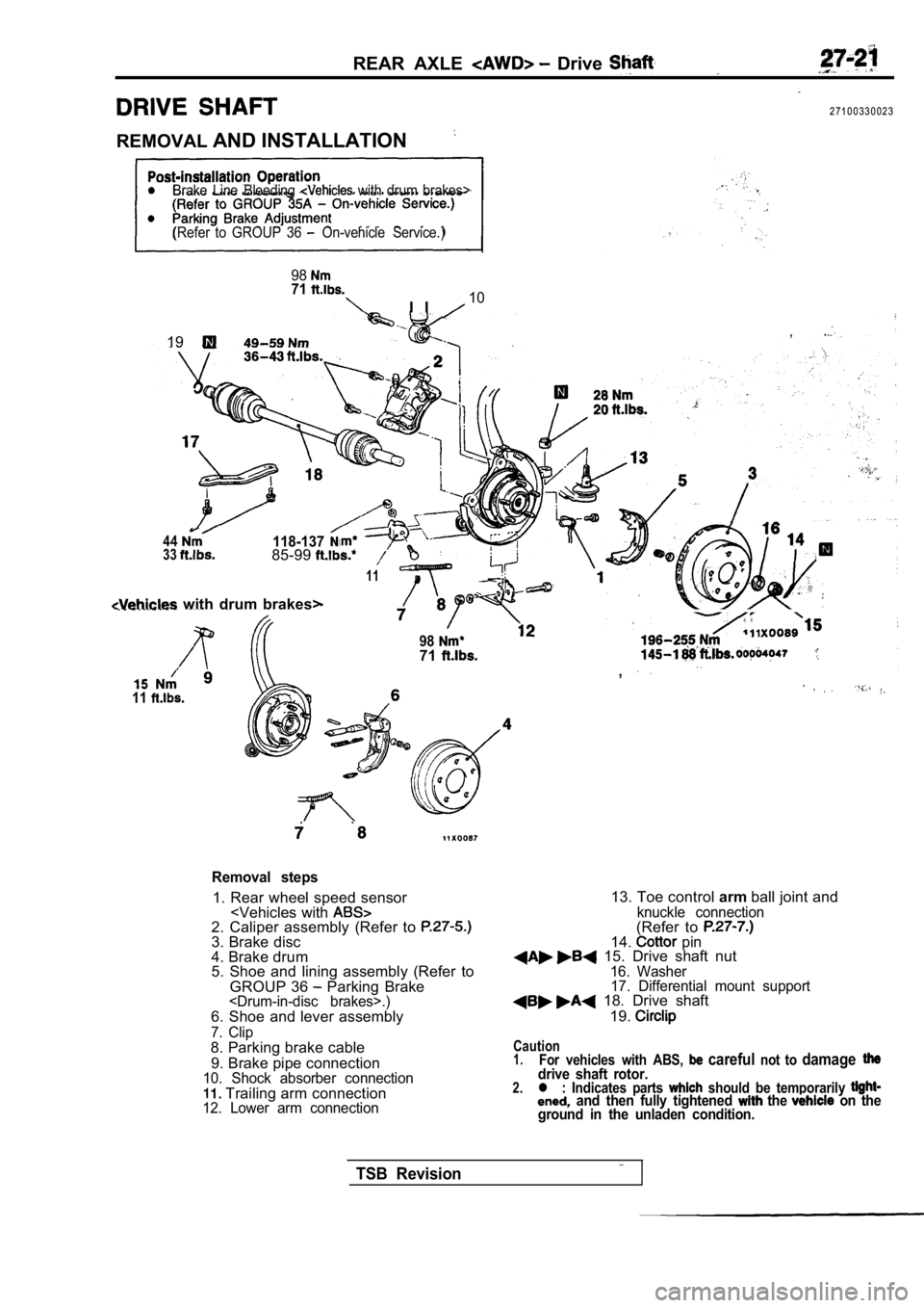 MITSUBISHI SPYDER 1990 Service Repair Manual REAR AXLE Drive
2 7 1 0 0 3 3 0 0 2 3
REMOVAL AND INSTALLATION
Brake Line Bleeding with drum brakes>
(Refer to GROUP 36
On-vehicle Service.)
9871
I I10
,19
44118-1373385-99
11
with MITSUBISHI SPYDER 1990 Service Repair Manual REAR AXLE Drive
2 7 1 0 0 3 3 0 0 2 3
REMOVAL AND INSTALLATION
Brake Line Bleeding with drum brakes>
(Refer to GROUP 36
On-vehicle Service.)
9871
I I10
,19
44118-1373385-99
11
with