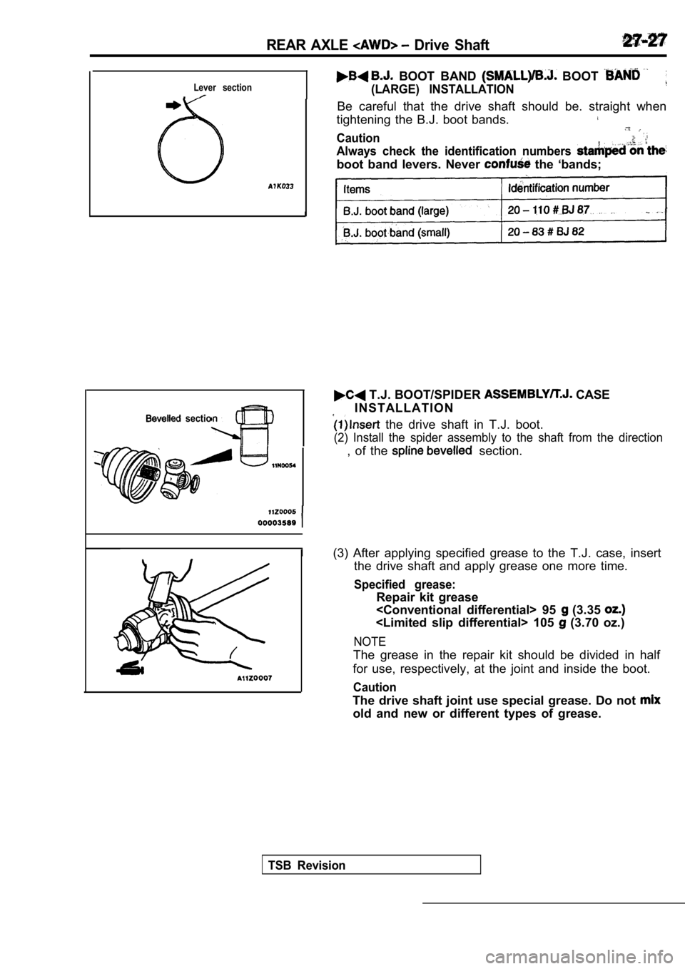 MITSUBISHI SPYDER 1990 Service Repair Manual REAR AXLE Drive Shaft
Lever section.
BOOT BAND BOOT
(LARGE) INSTALLATION
Be careful that the drive shaft should be. straight when
tightening the B.J. boot bands.
Caution
Alway MITSUBISHI SPYDER 1990 Service Repair Manual REAR AXLE Drive Shaft
Lever section.
BOOT BAND BOOT
(LARGE) INSTALLATION
Be careful that the drive shaft should be. straight when
tightening the B.J. boot bands.
Caution
Alway