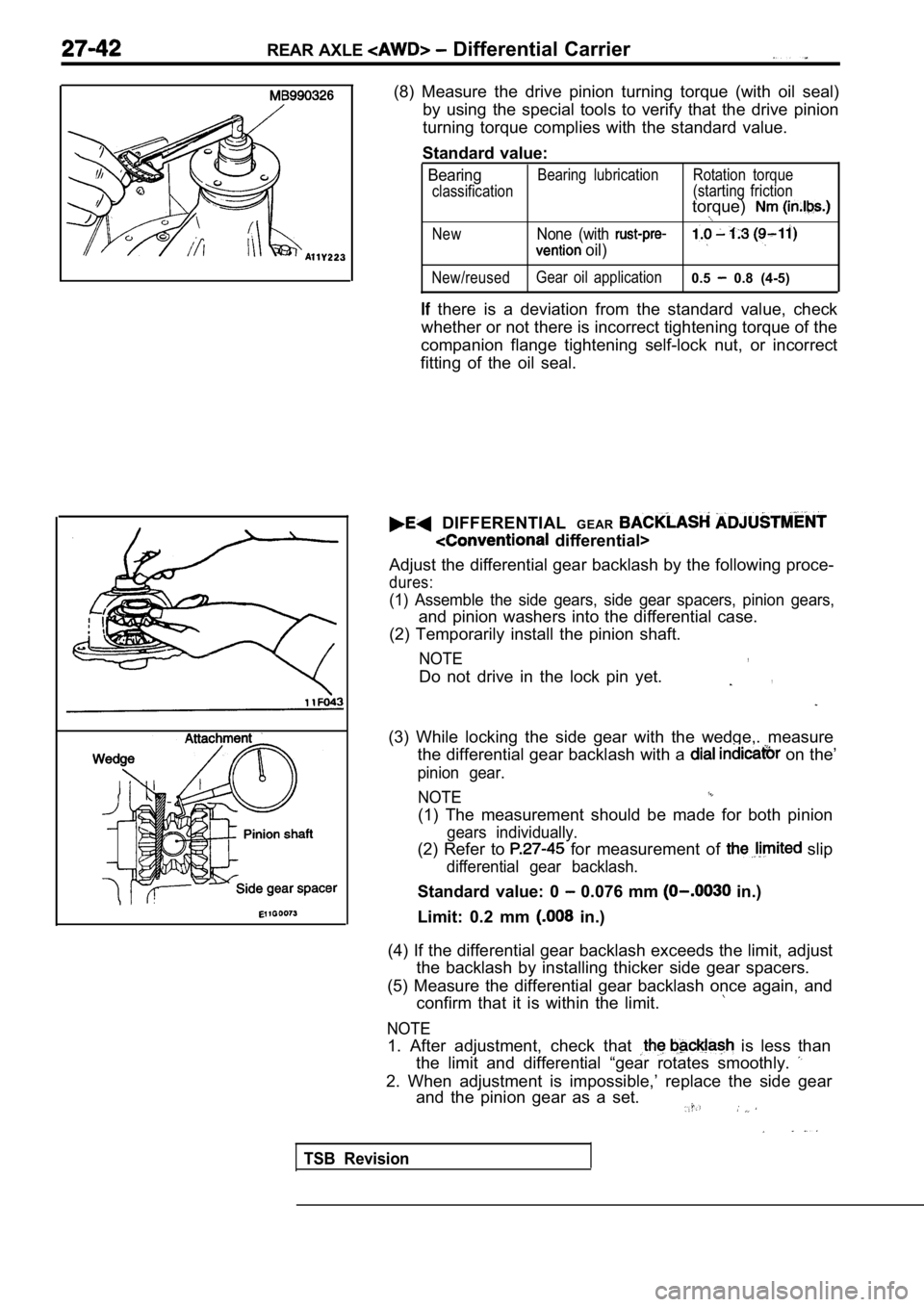 MITSUBISHI SPYDER 1990 Service Repair Manual REAR AXLE Differential Carrier
(8) Measure the drive pinion turning torque (with oil seal)
by using the special tools to verify that the drive pinion
turning torque complies wi MITSUBISHI SPYDER 1990 Service Repair Manual REAR AXLE Differential Carrier
(8) Measure the drive pinion turning torque (with oil seal)
by using the special tools to verify that the drive pinion
turning torque complies wi