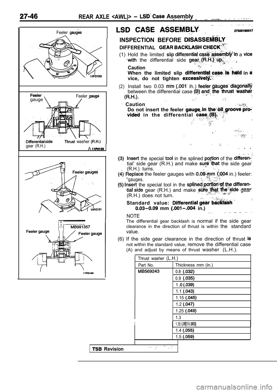 MITSUBISHI SPYDER 1990 Service Repair Manual REAR AXLE <AWL)> Assembly, . . .
Feeler
Feelergauge
gear (R.H.) washer .
A
INSPECTION BEFORE
DIFFERENTIAL
(1) Hold the limited a
the differential side
Caution
When the limited MITSUBISHI SPYDER 1990 Service Repair Manual REAR AXLE <AWL)> Assembly, . . .
Feeler
Feelergauge
gear (R.H.) washer .
A
INSPECTION BEFORE
DIFFERENTIAL
(1) Hold the limited a
the differential side
Caution
When the limited