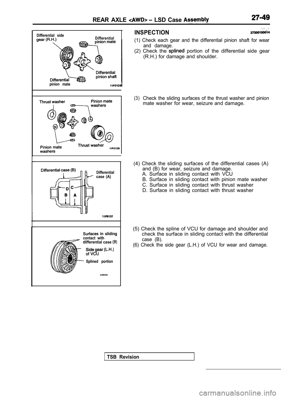 MITSUBISHI SPYDER 1990  Service Repair Manual REAR  AXLE   LSD  Case 
Differential  sideDifferential
pinion  mate
Differential
case  (A)
  in  slidingcontact  withdifferential case 
Splined  portion
INSPECTION
(1)  Check  each  gear  and  the  di