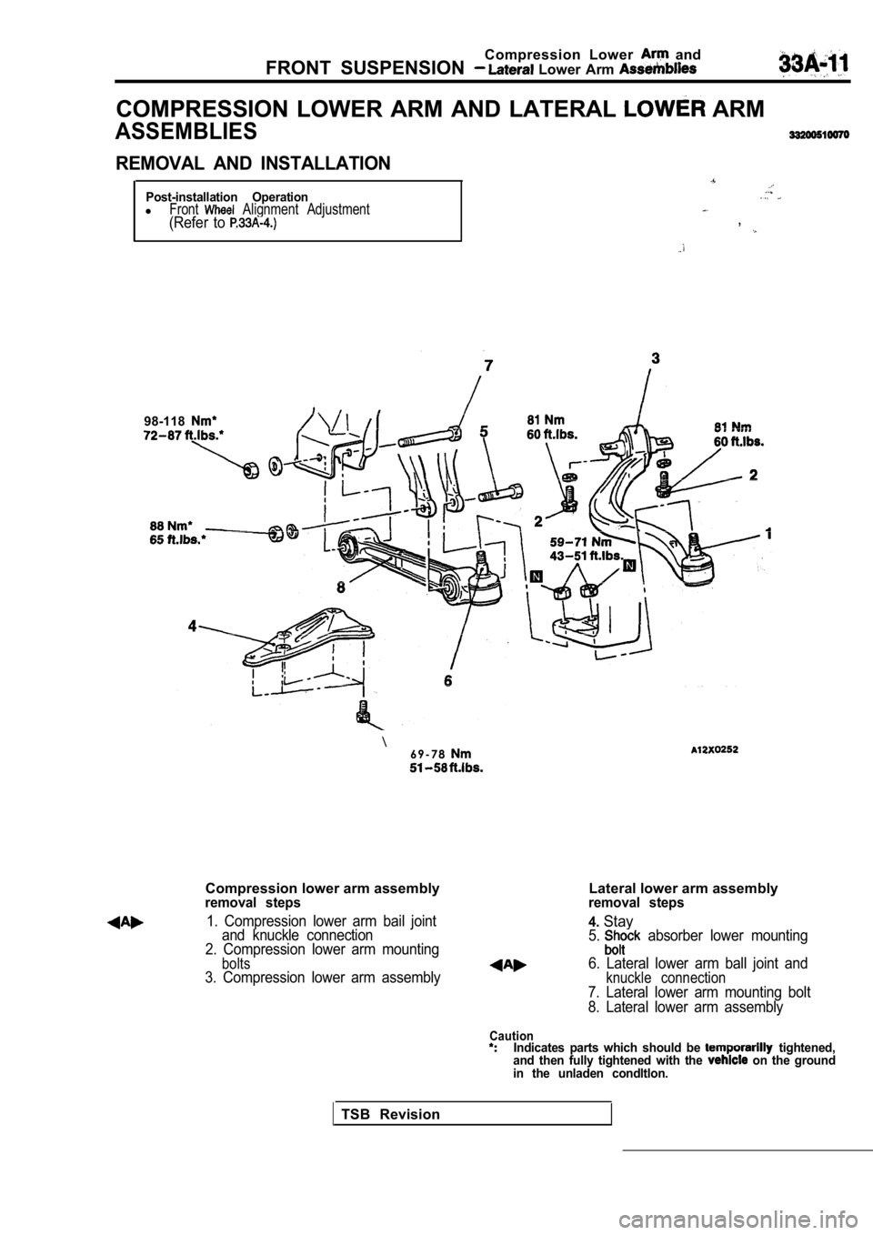 MITSUBISHI SPYDER 1990  Service Repair Manual Compression  Lower   and
FRONT  SUSPENSION 
  Lower  Arm 
COMPRESSION  LOWER  ARM  AND  LATERAL  ARM
ASSEMBLIES
REMOVAL  AND  INSTALLATION
Post-installation  OperationlFront  Alignment  Adjustment(Ref